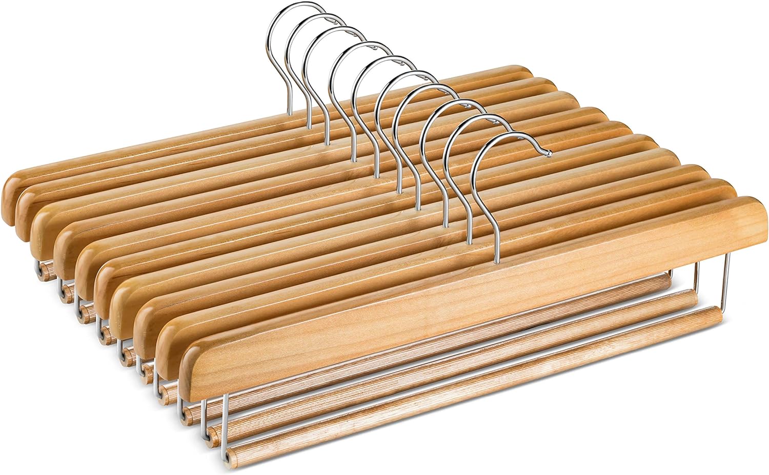 High-Grade Wooden Slack/Trouser Pants Hangers with Non Slip Bar (10 Pack) Smooth Finish, Durable Wooden Hangers - Slim & Sleek Space Saving Closet Hangers, 360 Hook- Ideal for Pant, Jeans, Slacks Etc