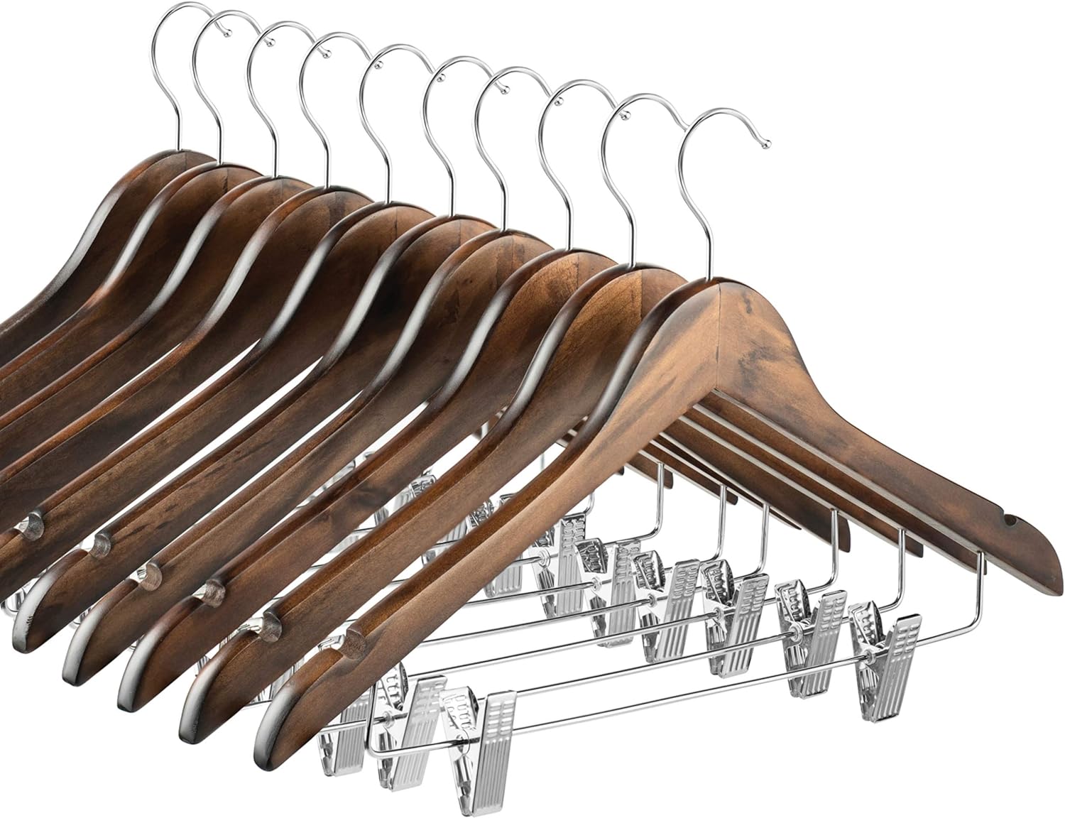 High-Grade Wooden Suit Hangers Skirt Hangers with Clips (10 Pack) Smooth Solid Wood Pants Hangers with Durable Adjustable Metal Clips, 360 Swivel Hook, Shoulder Notches for Dress Coat, Jacket, Blouse