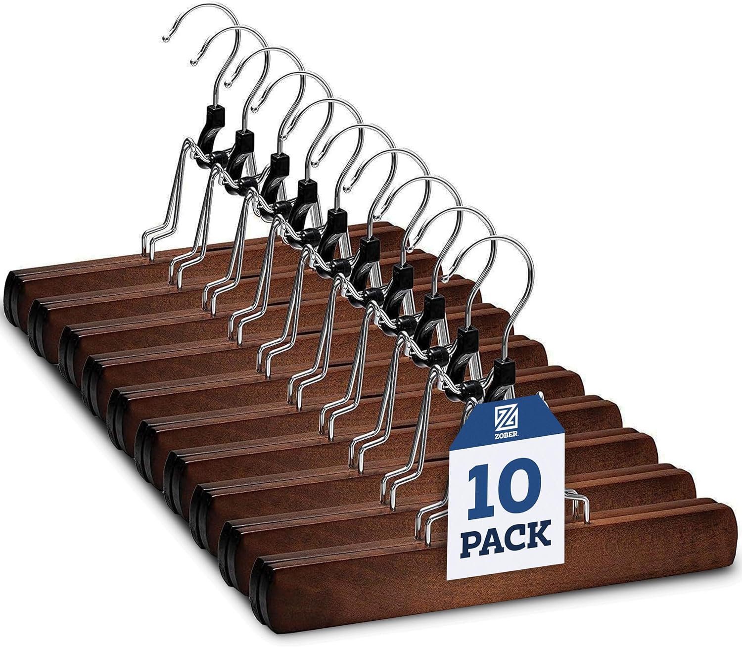 High-Grade Wooden Pants Hangers with Clips 10 Pack Non Slip Skirt Hangers, Smooth Finish Solid Wood Jeans/Slack Hanger with 360 Swivel Hook - Pants Clip Hangers for Skirts, Slacks - Clamp Hangers