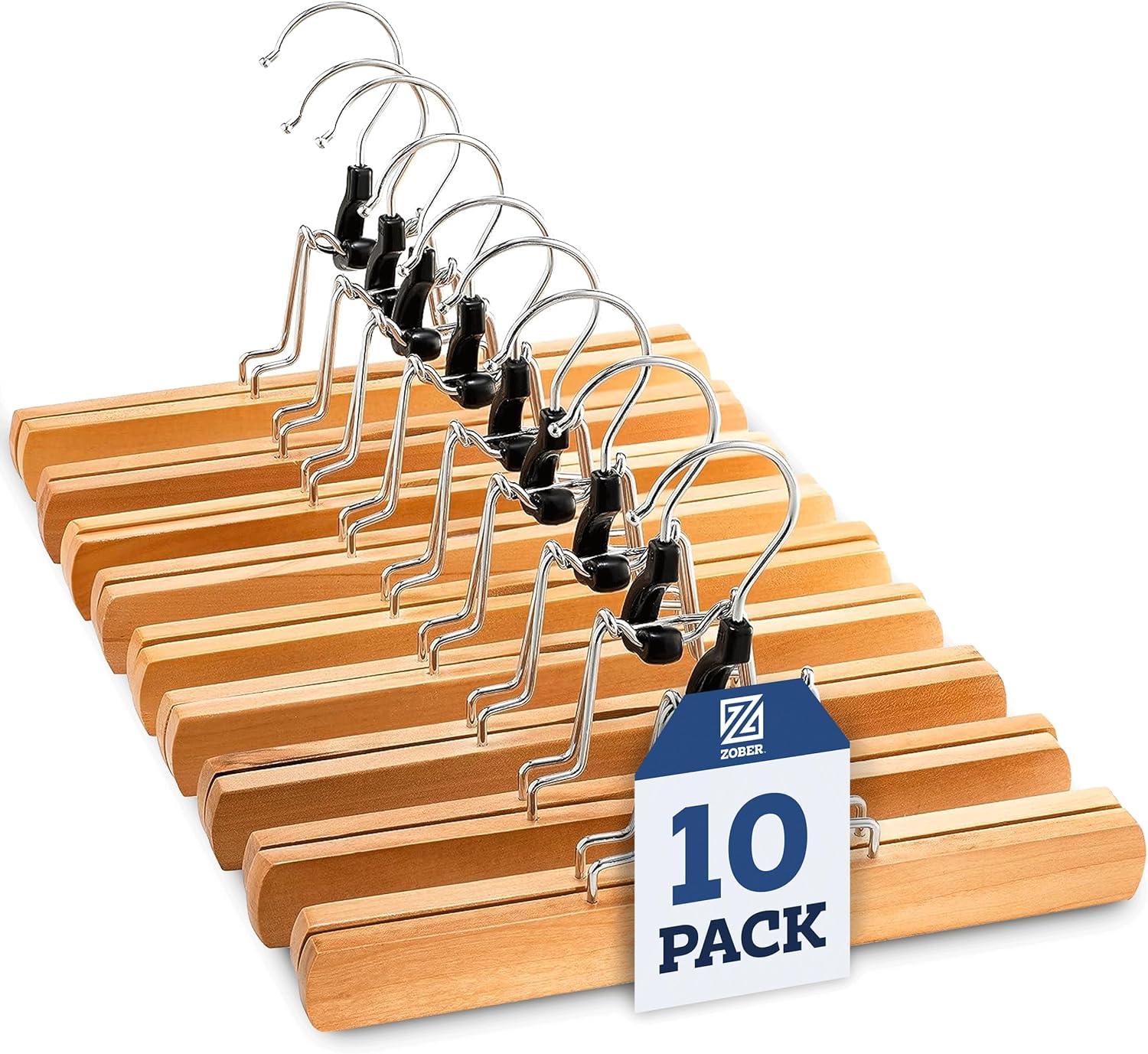 High-Grade Wooden Pants Hangers with Clips 10 Pack Non Slip Skirt Hangers, Smooth Finish Solid Wood Jeans/Slack Hanger with 360 Swivel Hook - Pants Clip Hangers for Skirts, Slacks - Clamp Hangers