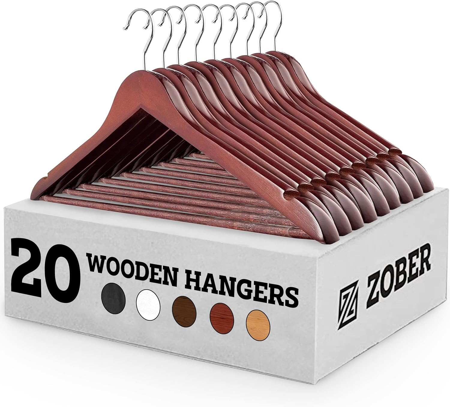 Zober Wooden Hangers 20 Pack - Non Slip Wood Clothes Hanger for Suits, Pants, Jackets w/Bar & Cut Notches - Heavy Duty Clothing Hanger Set - Coat Hangers for Closet - Cherry