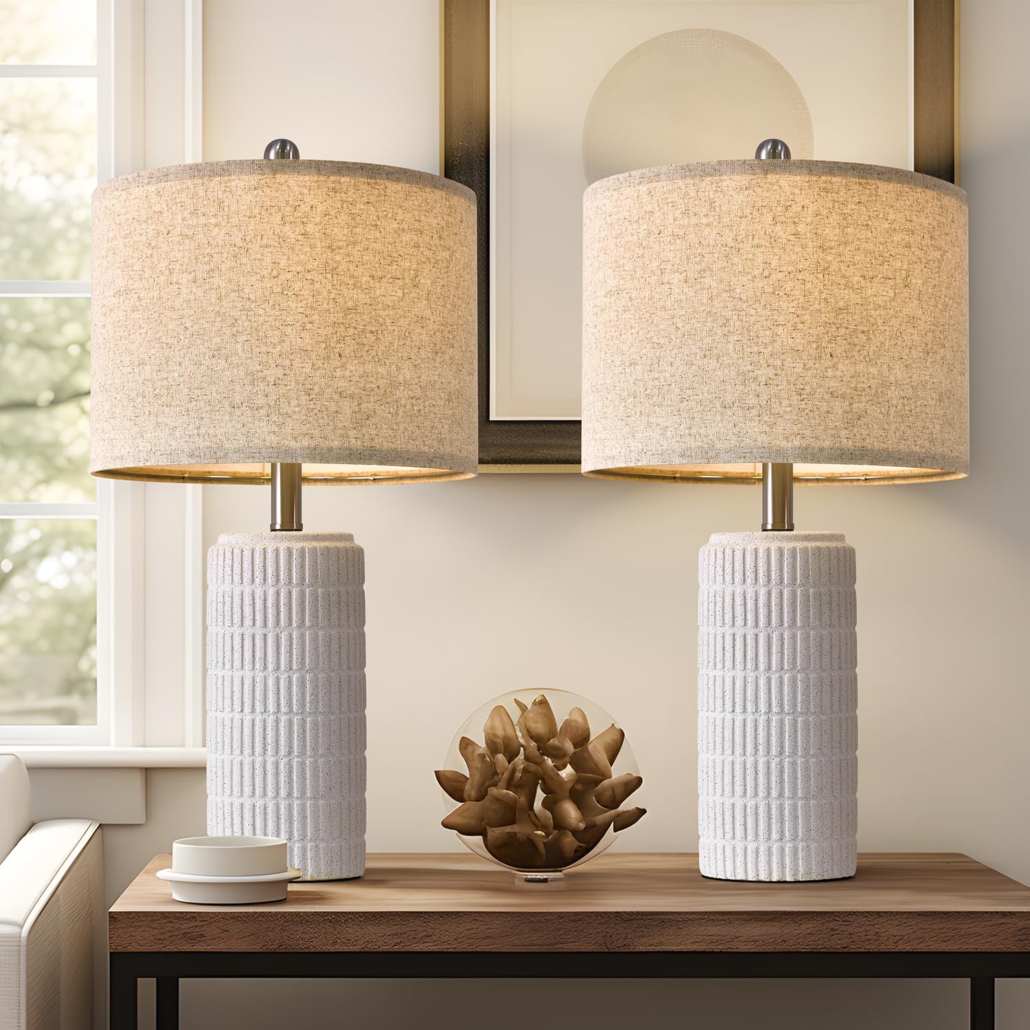 These lamps are so nice. Theyre taller than I expected, but not in a bad way. Theyre heavy and really great quality. The shade is white which I love, so many come with a yellowish off white shade that changes the lighting in the room. It comes with a 3 level bulb that makes the perfect brightness levels. I definitely recommend these lamps, such good quality for a super reasonable price.