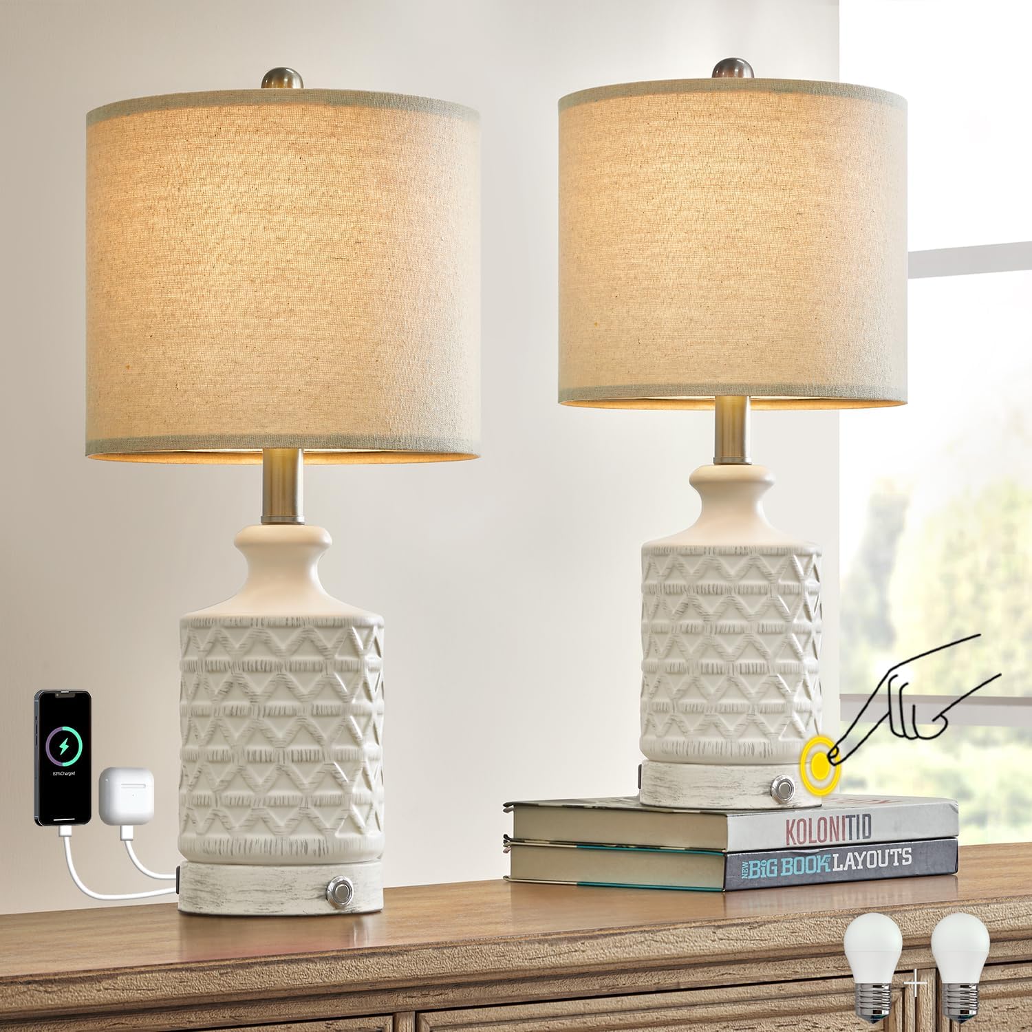 These lamps are the perfect style and size for bed side tables. My one base came damaged (the dimmer button didnt work) but the seller was quick to respond and send out a new one. ( Thanks Lucy!) they have a few different brightness levels and the usb port is clutch