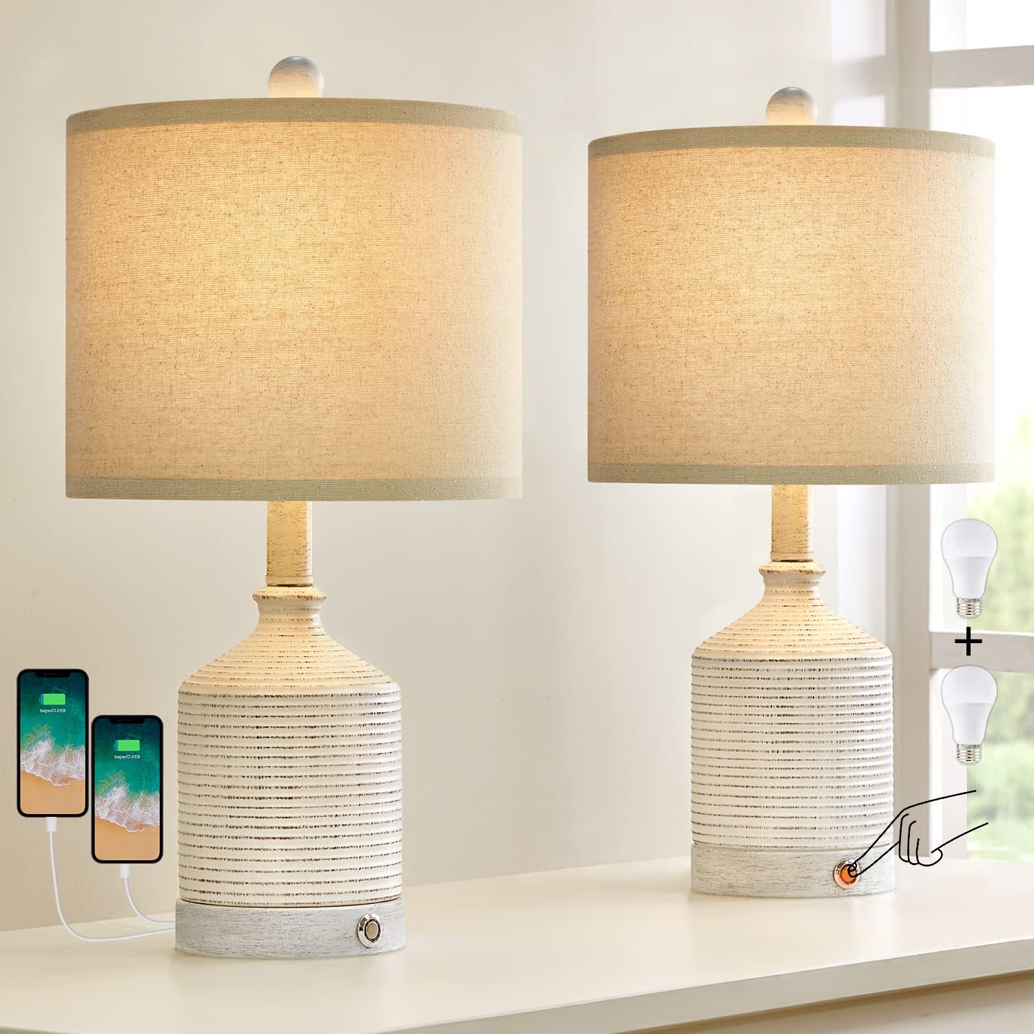 These lamps are the perfect style and size for bed side tables. My one base came damaged (the dimmer button didnt work) but the seller was quick to respond and send out a new one. ( Thanks Lucy!) they have a few different brightness levels and the usb port is clutch