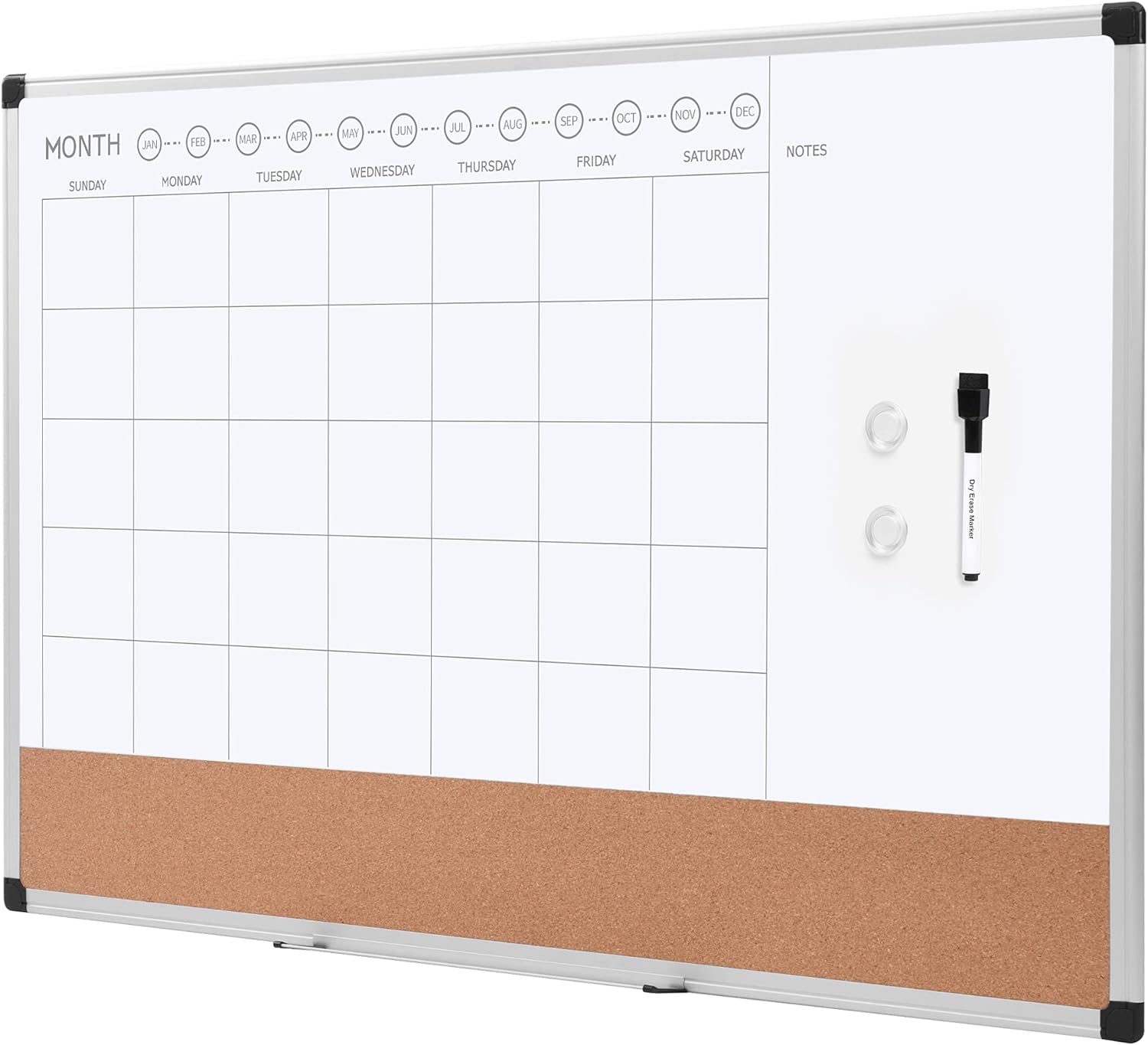 Amazon Basics Monthly Calendar Whiteboard Dry Erase and Cork Board, Silver Aluminium Frame, 24 x 36 Inches, White