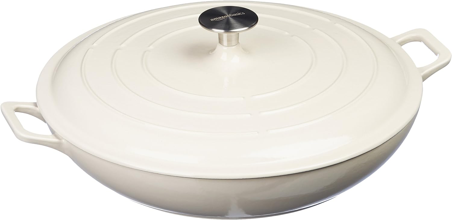 Amazon Basics Enameled Cast Iron Covered Oval Casserole Skillet, 3.3-Quart, White