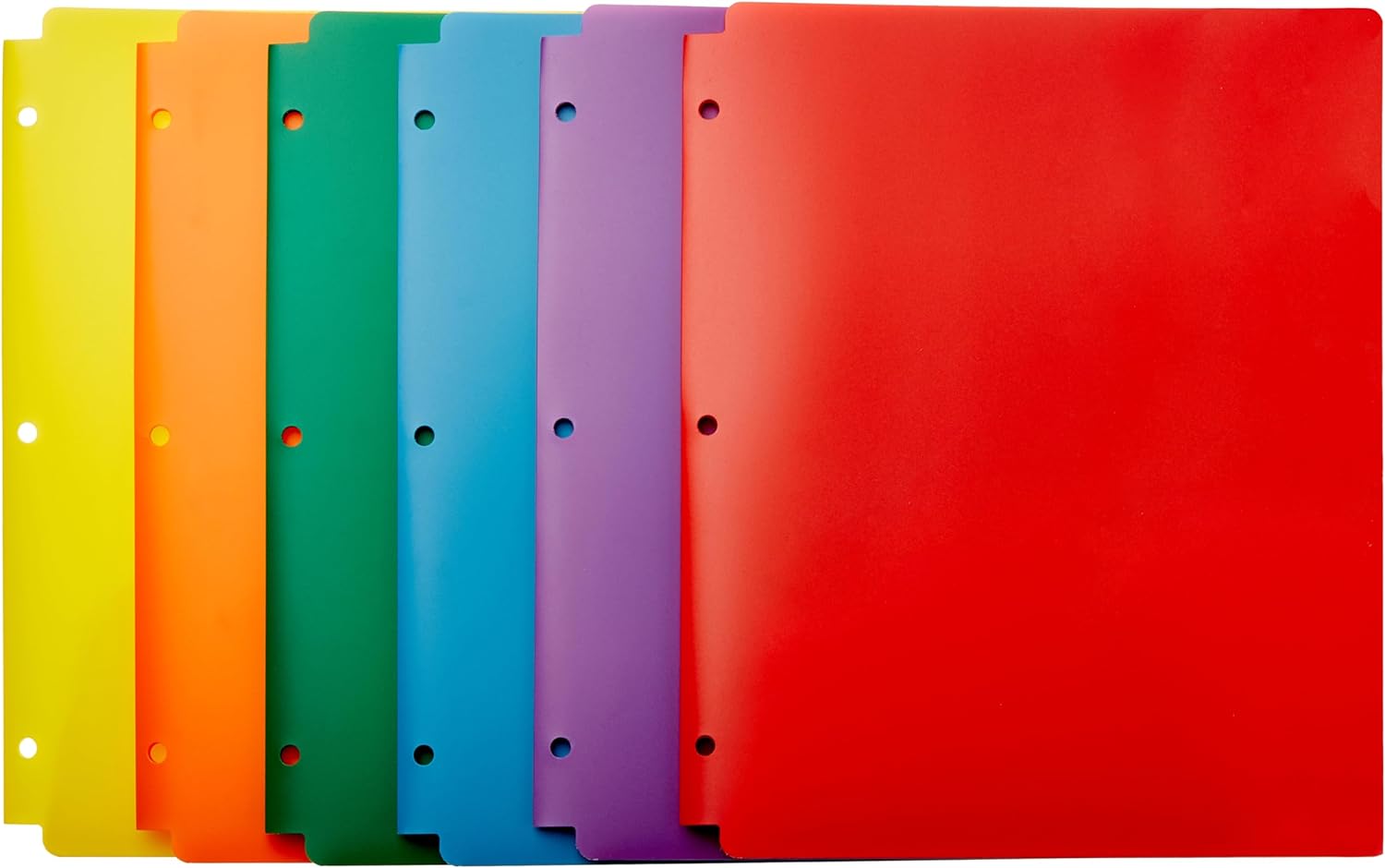 Amazon Basics Plastic 3 Hole Punch Folders with 2 Pockets, Assorted Color, Pack of 6