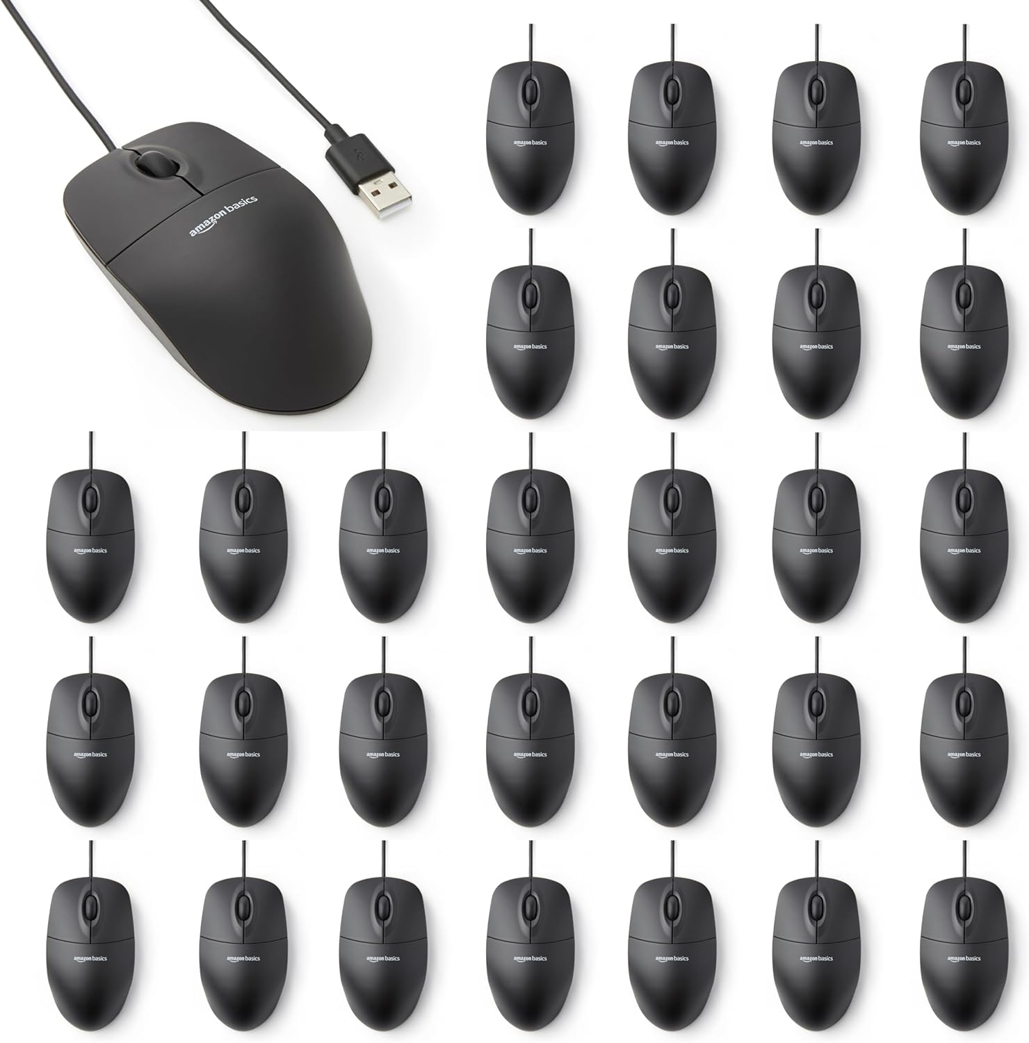 Amazon Basics 3-Button Wired USB Computer Mouse, Black - Pack of 30