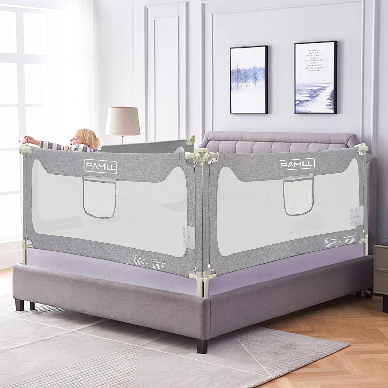 FAMILL Upgrade Bed Guard Rail for Full Size Queen King Twin Bed for Toddlers and Baby (Grey,1 Piece, 78.7")