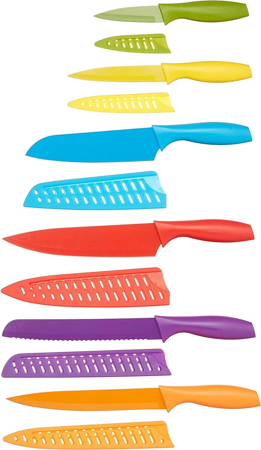 Amazon Basics Color-Coded Kitchen 12-Piece Knife Set, 6 Knives with 6 Blade Guards, Multicolor, 13.88 x 4.13 x 1.38 inch