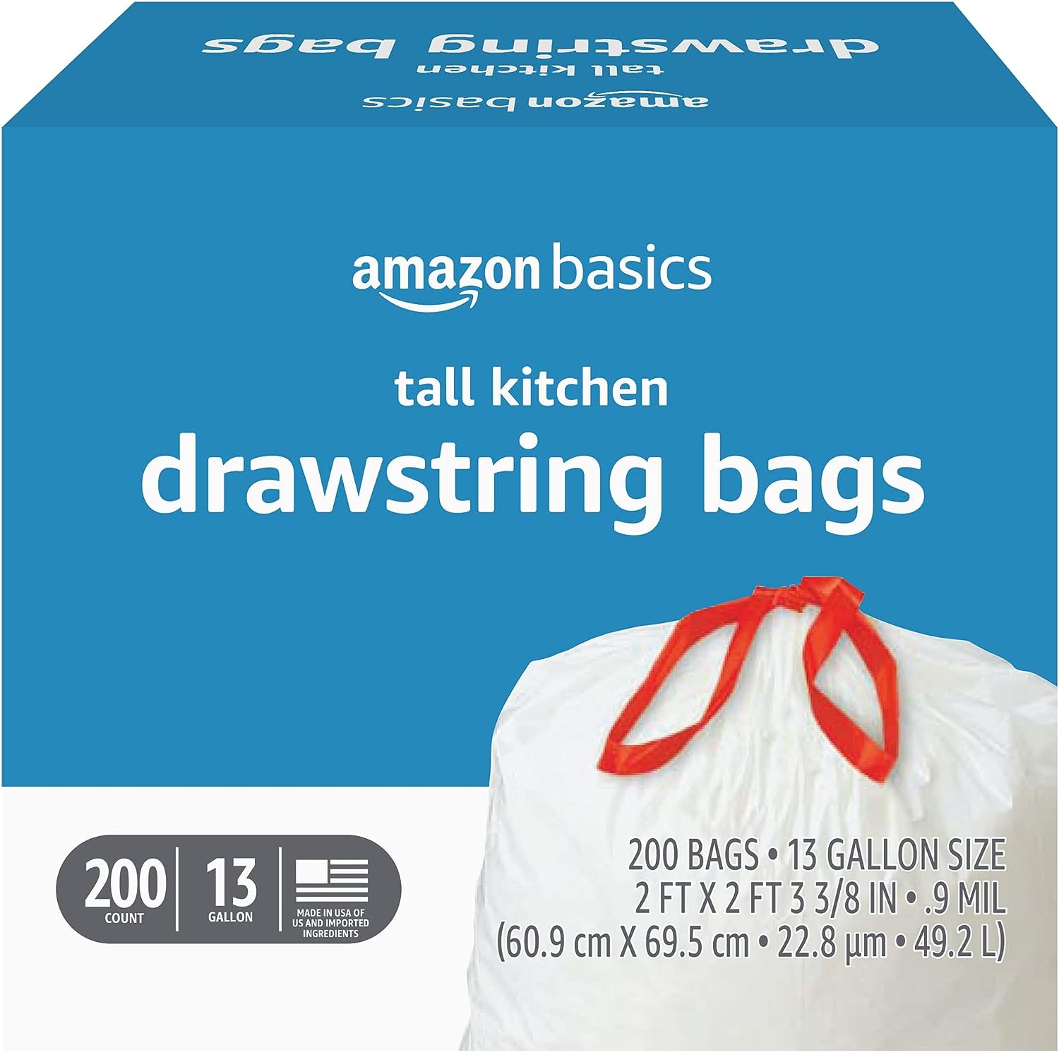 Amazon Basics Tall Kitchen Drawstring Trash Bags, 13 Gallon, Unscented, 200 Count (Previously Solimo)