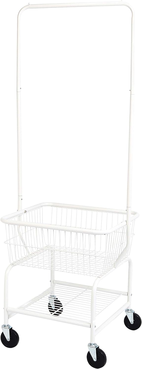 Amazon Basics Rectangular Laundry Hamper Basket Butler Cart with Wheels and Hanging Rack, White