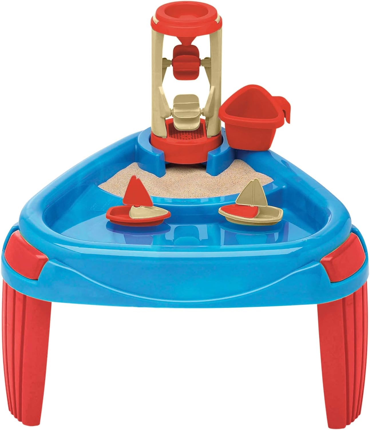 Amazon Basics 6 Piece Kids Sensory Sand & Water Wheel Play Table, 2 Floating Sailboats, Bucket, Tower, Easy Snap-Together Assembly, Red/Blue