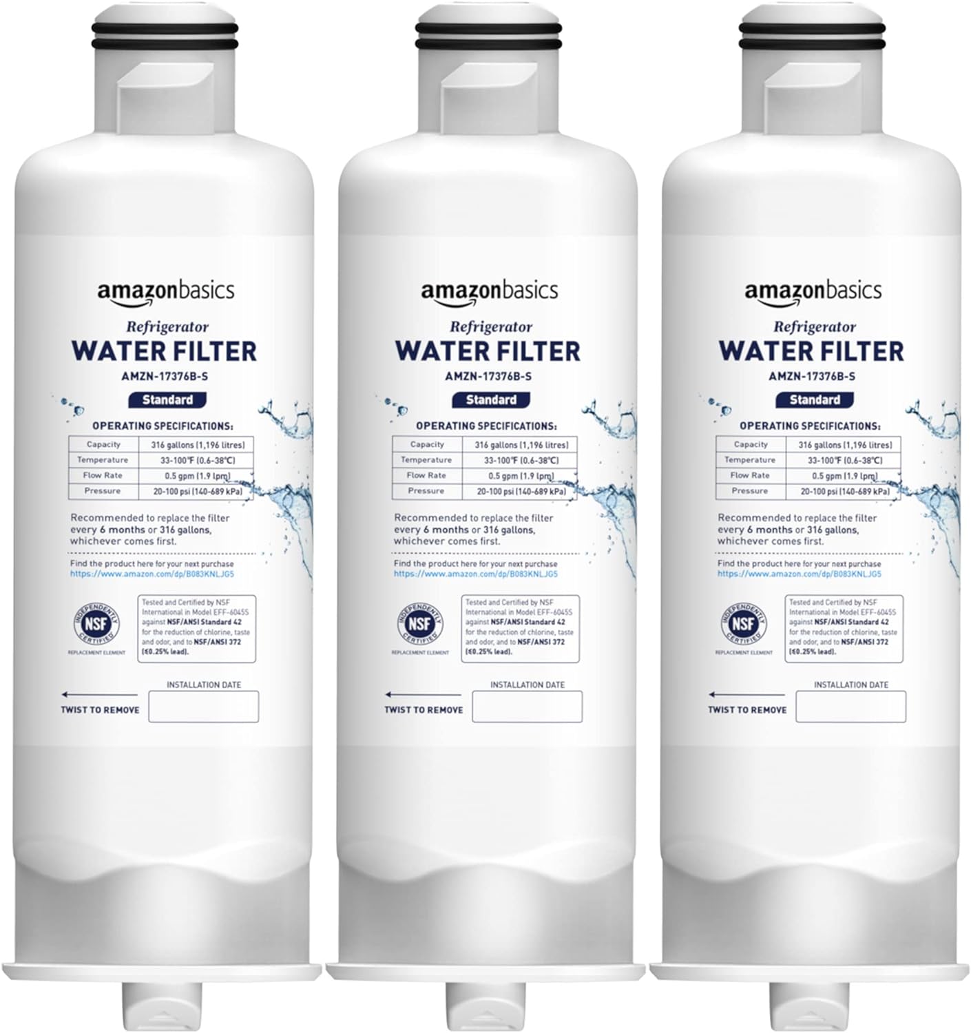 Amazon Basics Replacement Samsung DA97-17376B, HAF-QIN/EXP Refrigerator Water Filter, 3-Pack, Standard Filtration