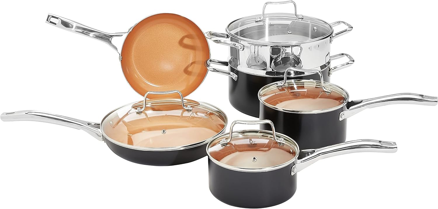 Amazon Basics Ceramic Nonstick Pots and Pans Cookware Set, 10-Piece Set- Copper Color