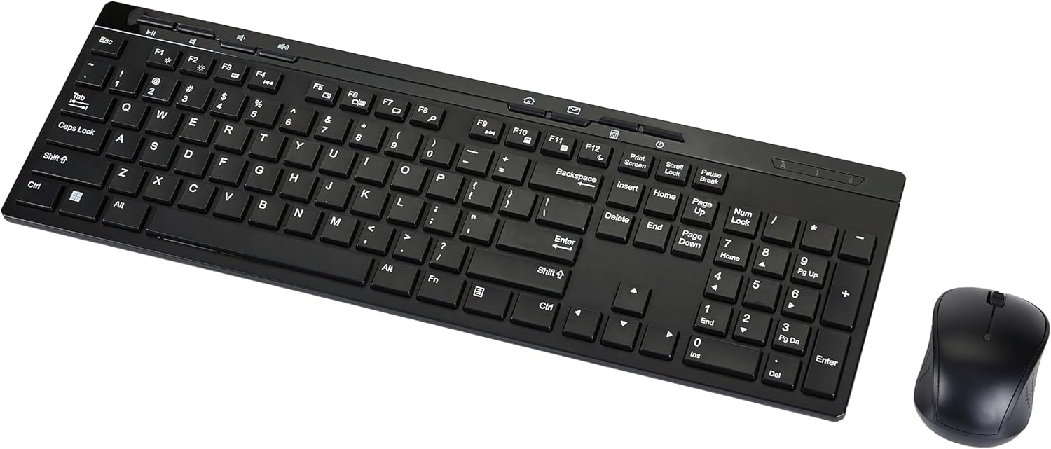 Amazon Basics Full-Sized Wireless Keyboard & Mouse Combo, 2.4 GHz USB Receiver, QWERTY Layout, Black