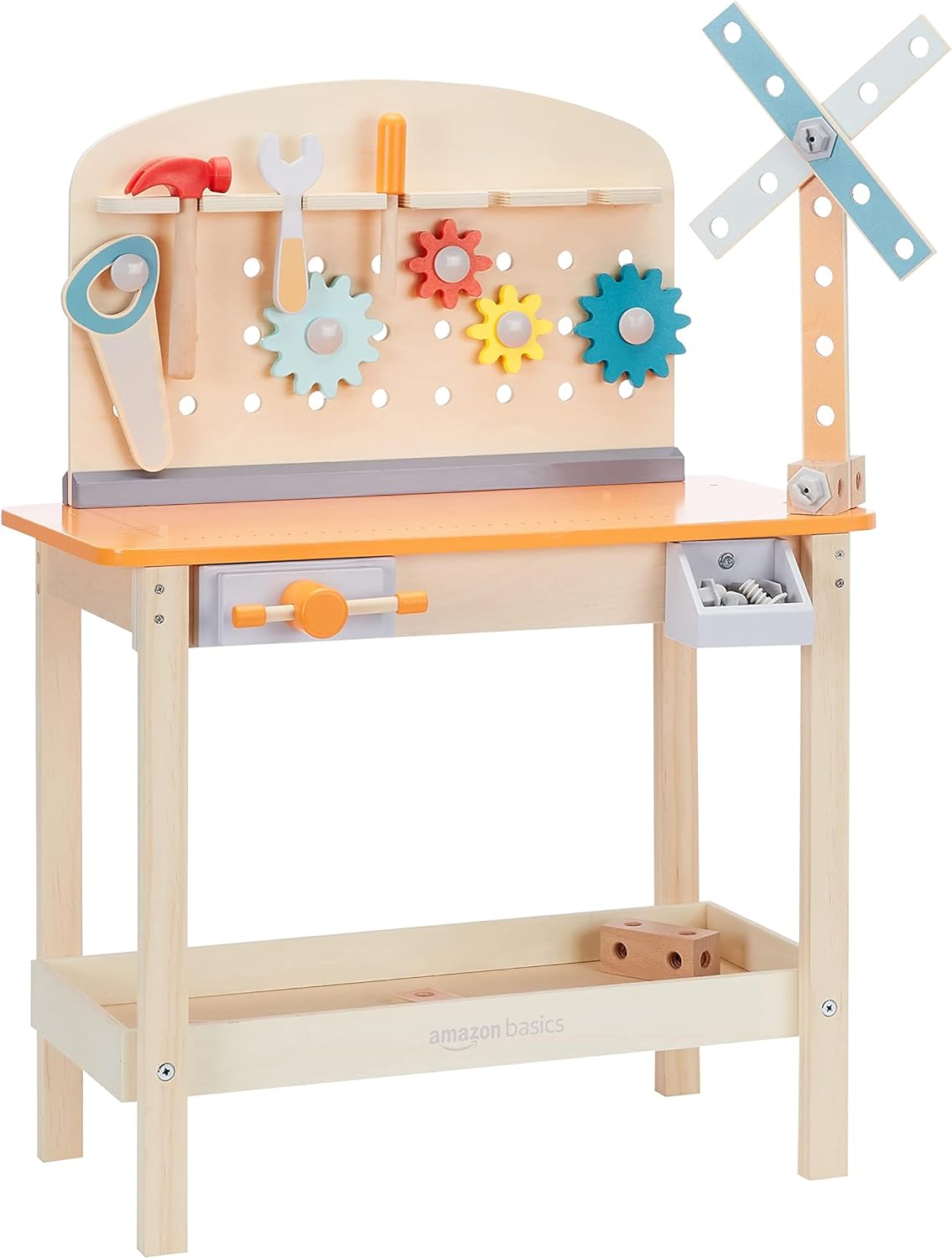 Amazon Basics Wooden Play Toy Tool Set and Workbench for Toddlers, Preschoolers, Children Age 3+ Years, 36 cm D x 58 cm W x 77.9 cm H, Multicolor