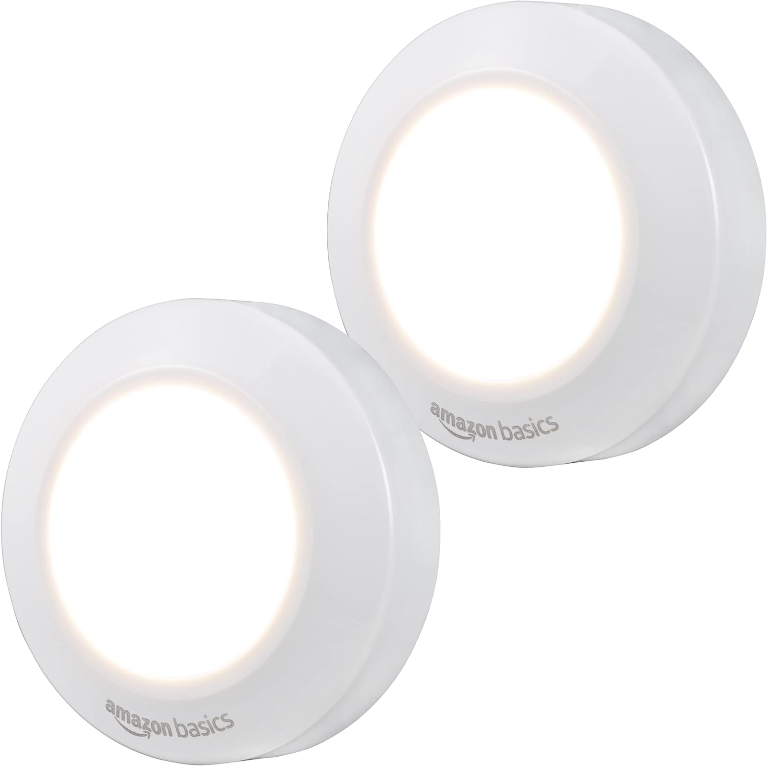 Amazon Basics LED Puck Lights, Battery Operated, 50 Lumens 2 Pack, Tap Light, Stick on Lights, Under Cabinet Lighting, Ideal for Kitchen Cabinets, Closets, Garage and More, White