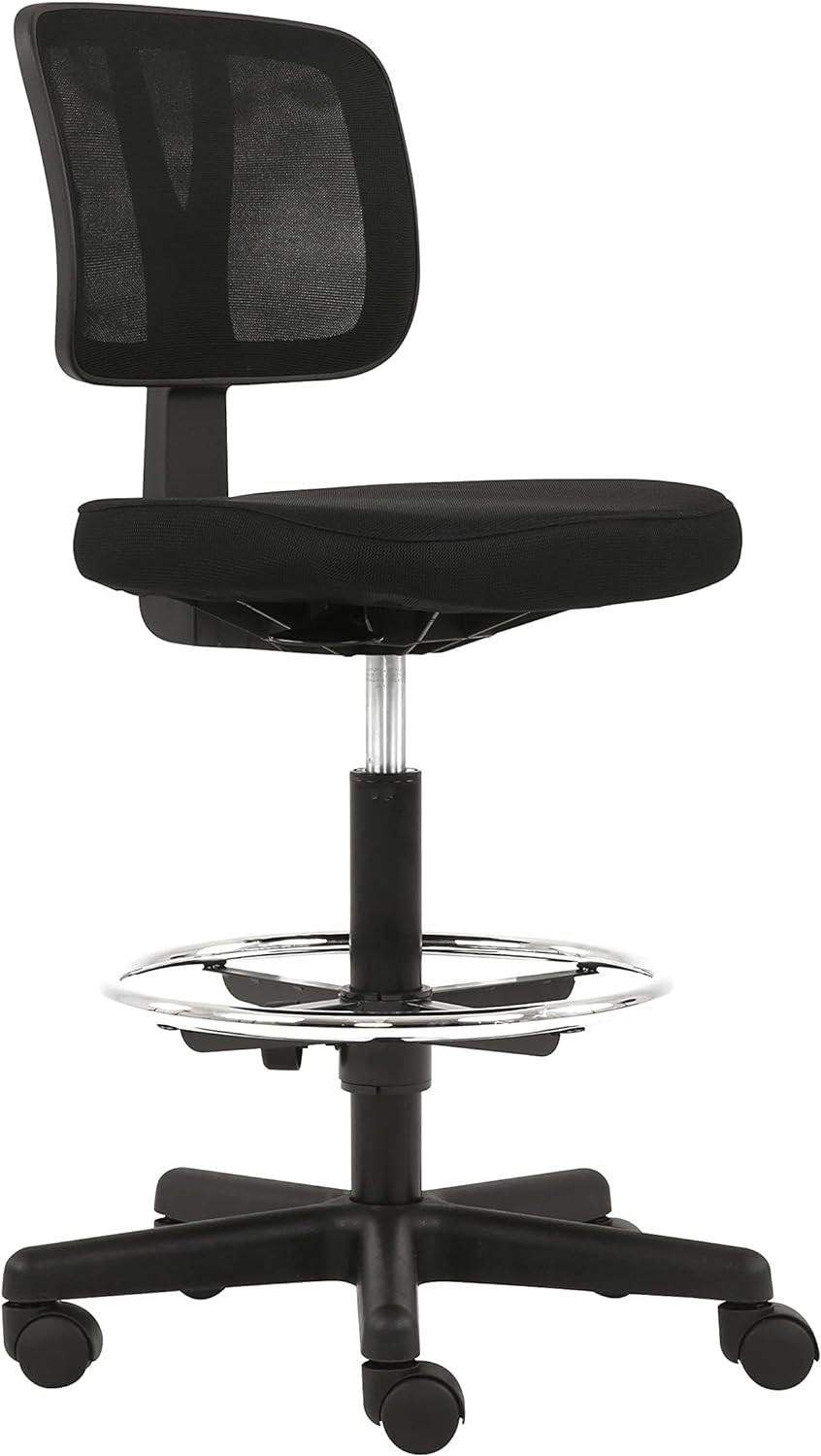 Amazon Basics Mid-back Mesh Office Drafting Chair Stool with Adjustable Footrest, Black