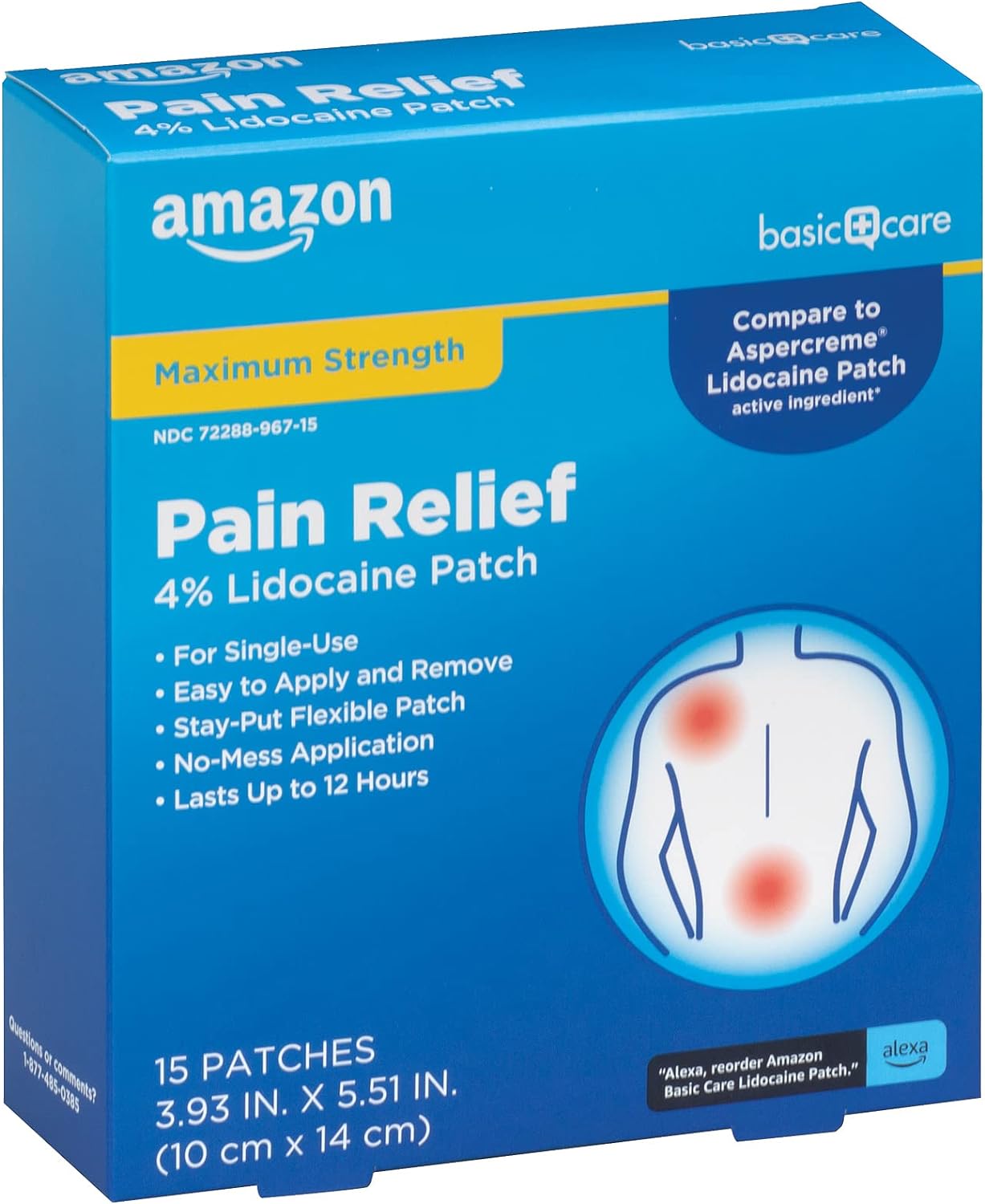 Amazon Basic Care Maximum Strength OTC Pain Relief , 4% Lidocaine Patch, 3.9 x 5.5, 15-Count Box (Previously HealthWise)