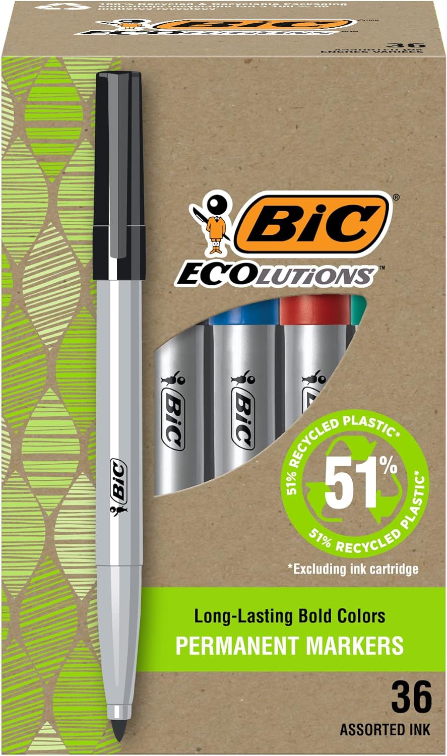 We use permanent markers for a lot of around the house and crafting projects. I really have grown to love BIC products because they work really well, are a good value, and have started becoming better for the environment.We had been a sharpie family, but I saw these BIC ReVolution markers, and I was intrigued by the fact that they dont dry out. I have tested and yes, they dont dry out for a week if you leave the caps off.I love that these are comprised of 51% recycled plastic and you can recyc