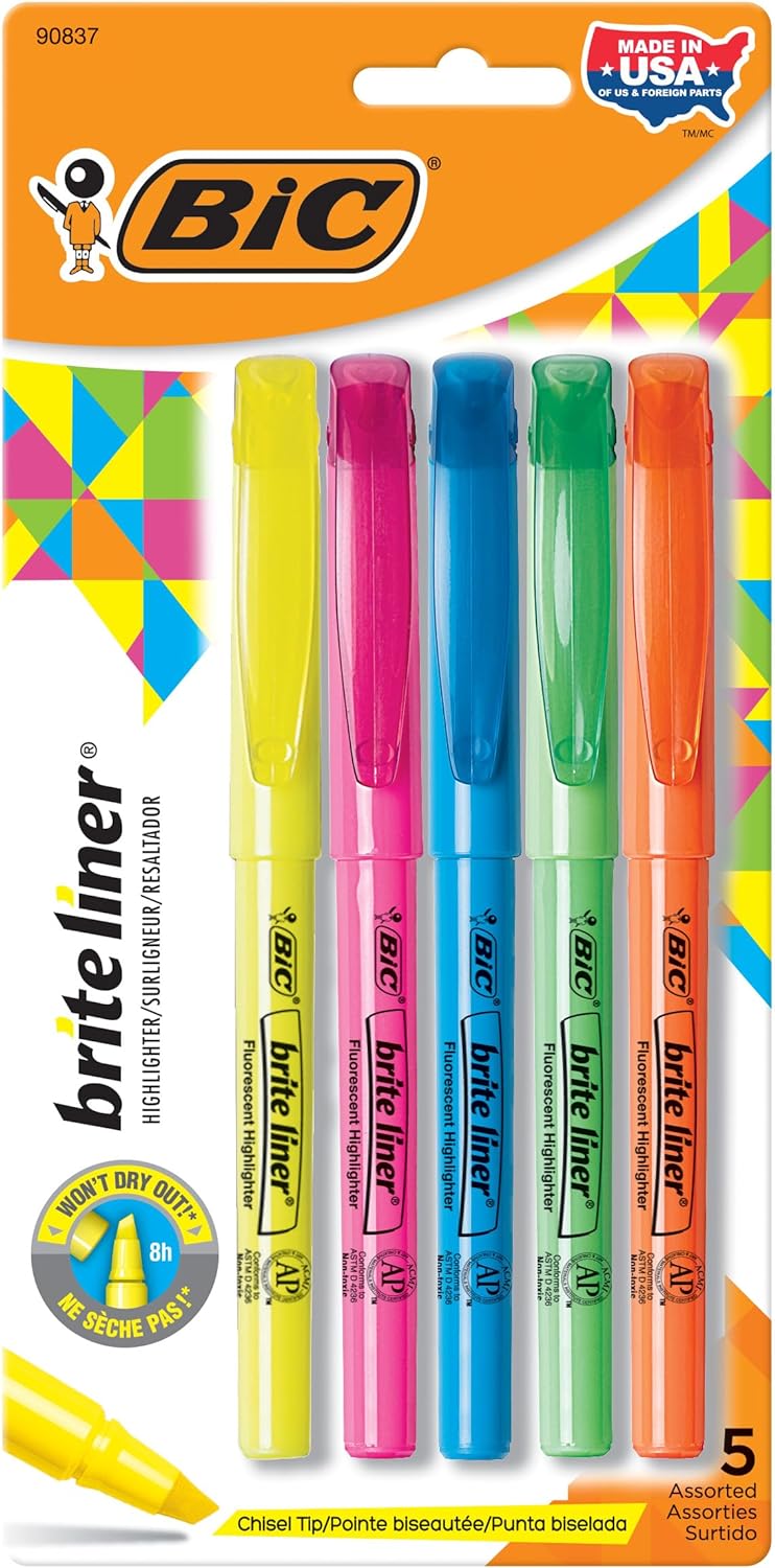 The Bic Brite Liner is my go-to highlighter because it works well, is easy to hold, affordably priced, and the colors are really nice. The pen-style body with a pocket clip makes these highlighters very easy to put in a backpack or pocket, and also lets you easily store them in a pen cup. While Bic labels these highlighters as fluorescent, it seems like only the yellow highlighter is the usual in-your-face fluorescent shade; but even then it' not bad. The other colors are more subdued compare