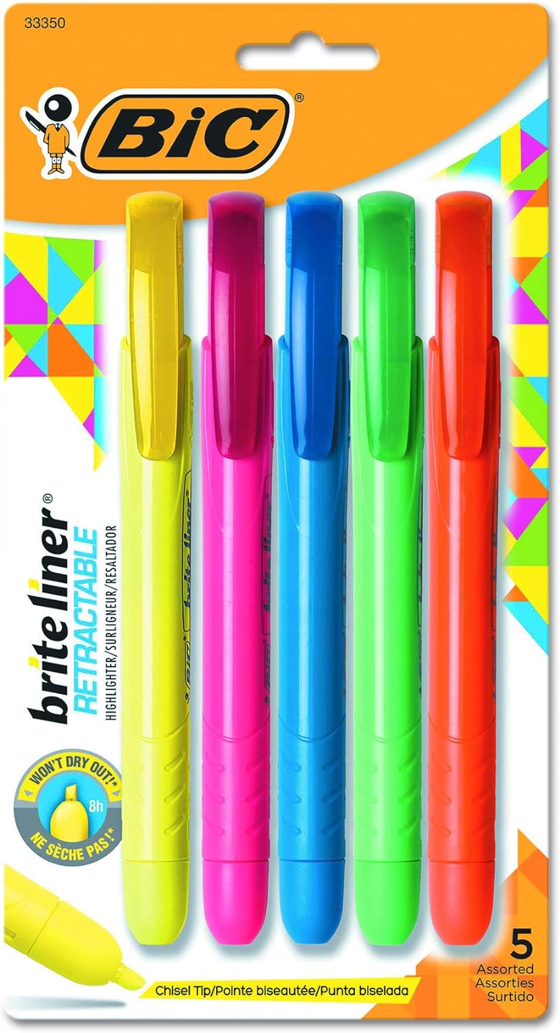 These are super bright fluorescent retractable highlighters. The pack includes yellow, pink, blue, green and orange. They have a nice grip on them. The tip is chiseled so you can have fine line underlining or bold broad highlighting. The ink dries fast and does not smear. I have not had any issues with the ink drying out since they are retractable. I am a college student and use highlighters all the time, and rely on different colors for different types of notes that I am taking. Having to repea