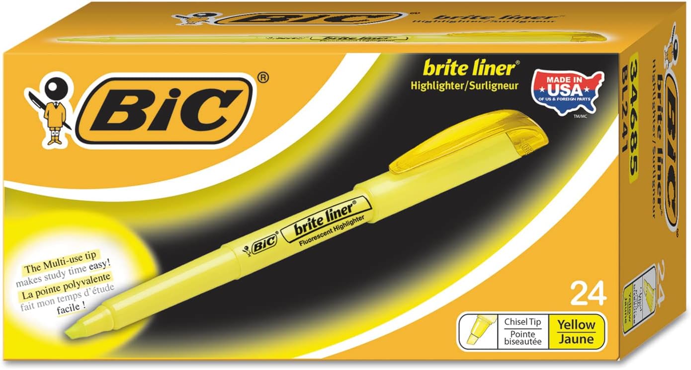 The Bic Brite Liner is my go-to highlighter because it works well, is easy to hold, affordably priced, and the colors are really nice. The pen-style body with a pocket clip makes these highlighters very easy to put in a backpack or pocket, and also lets you easily store them in a pen cup. While Bic labels these highlighters as fluorescent, it seems like only the yellow highlighter is the usual in-your-face fluorescent shade; but even then it' not bad. The other colors are more subdued compare