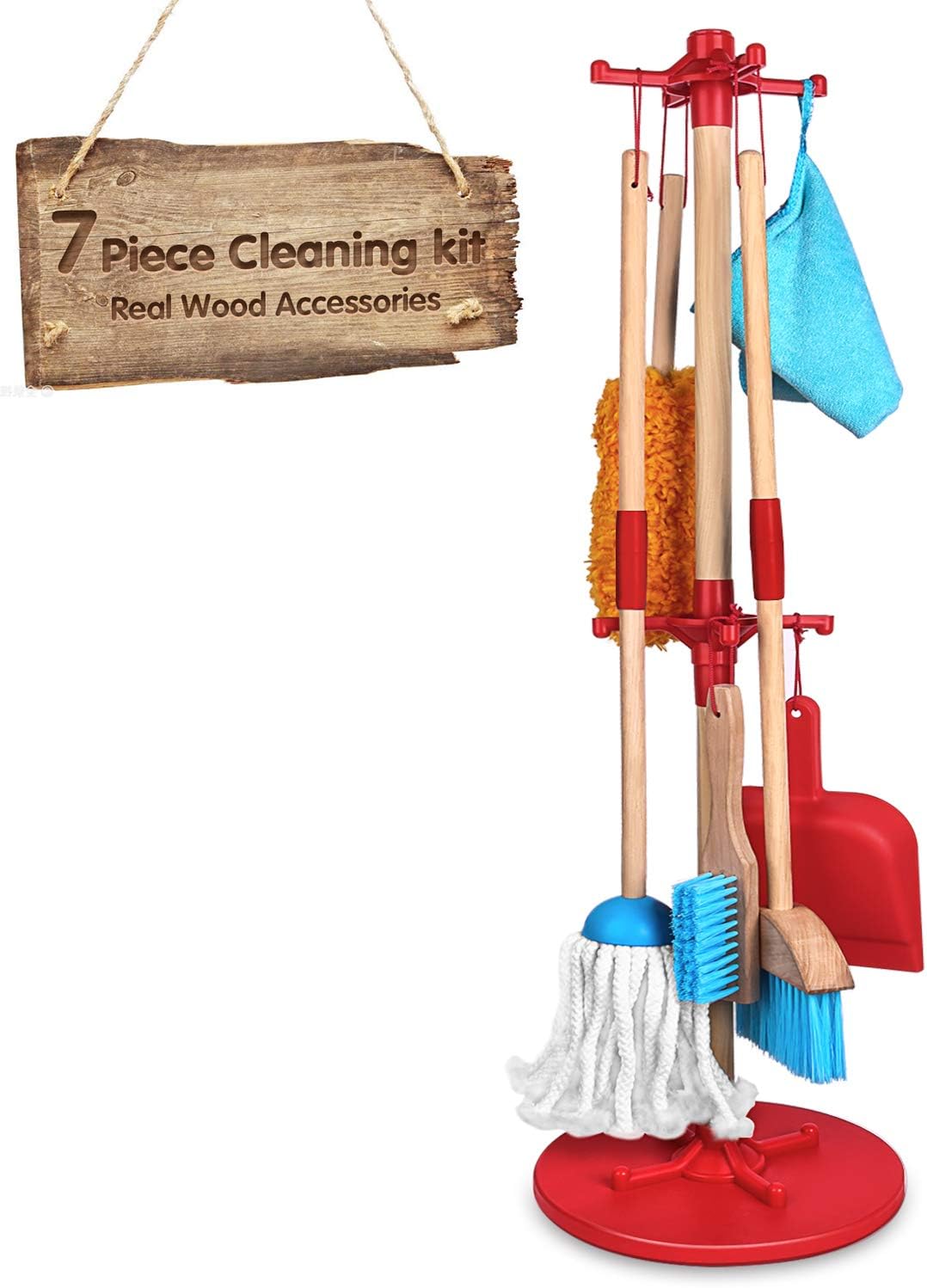Kids Kitchen Cleaning Set - 7 Piece Kitchen Cleaning Toys Includes Broom, Mop, Duster, Dustpan, Brush, Rag and Hanging Stand, - Kitchen Toy Toddler Cleaning Set Gift for Toddler Girls & Boys