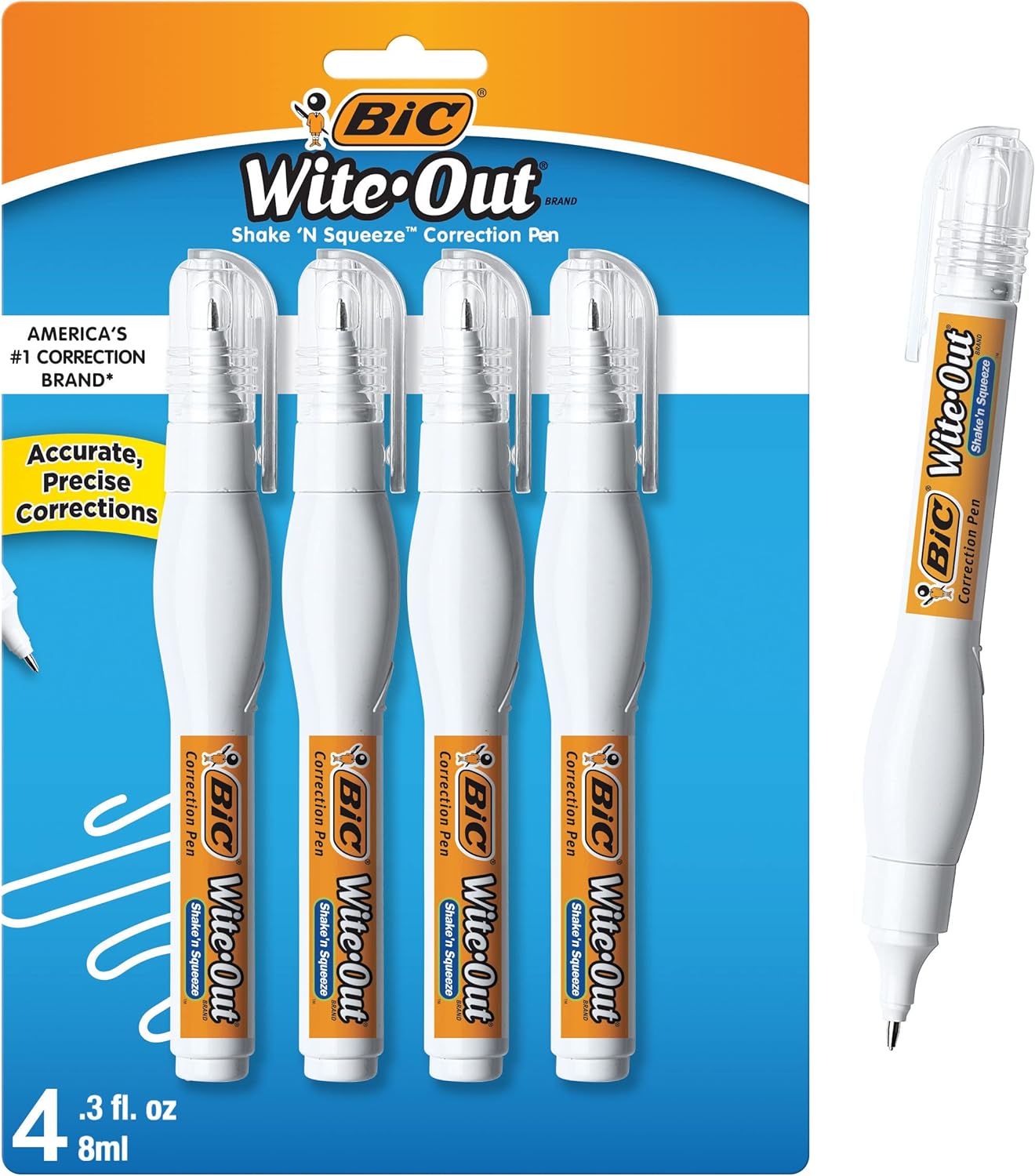 I recently purchased the BIC Wite-Out Brand Shake 'n Squeeze Correction Pen, and I am extremely happy with my purchase. The correction pens are perfect for those who want to fix mistakes quickly and easily without having to wait for the correction fluid to dry.The Shake 'n Squeeze design makes the pens easy to use - simply shake the pen and squeeze the fluid onto the area you need to correct. The fluid comes out smoothly and consistently, without any mess or fuss. Plus, the fluid dries quickly, 