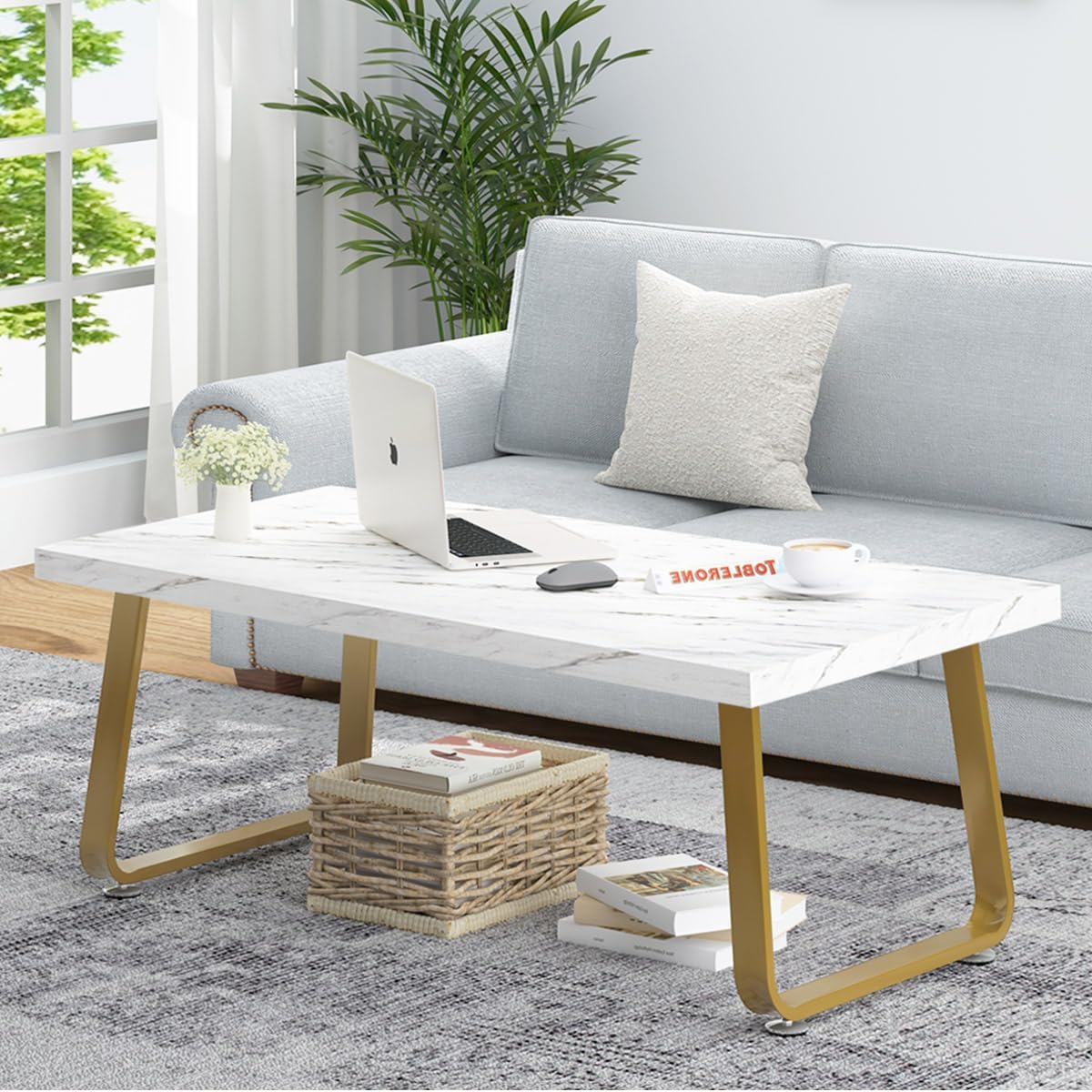 HSH White Marble Coffee Table, Modern Faux Marble Living Room Table, Wood and Metal Legs Center Table, Fashion Rectangular Tea Table for Office Minimalist Cocktail Table, White Marble and Gold, 47 in