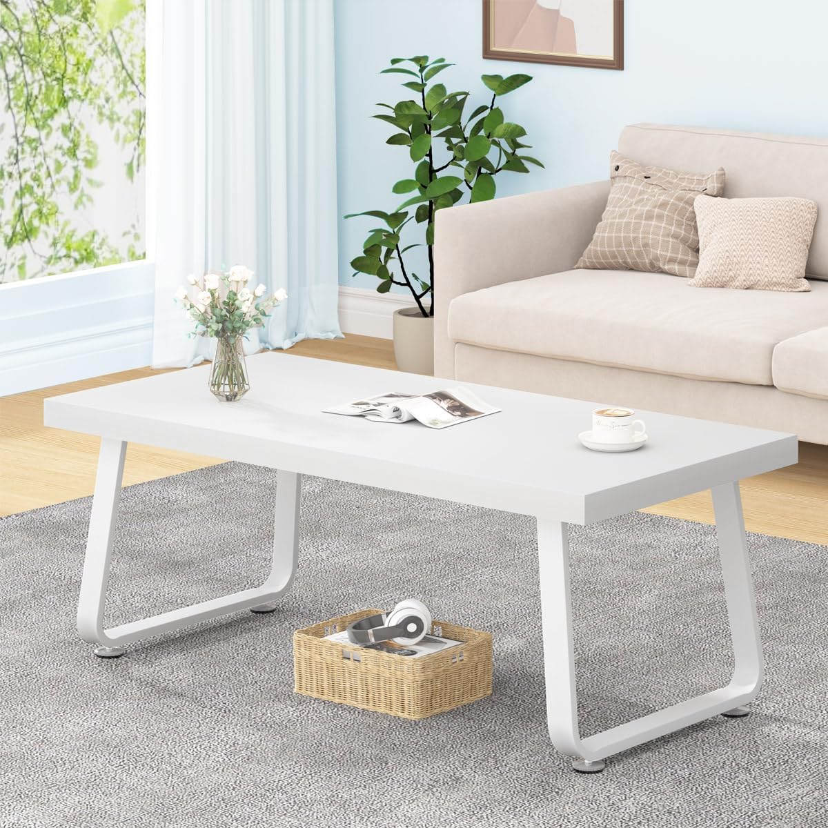 HSH White Coffee Table, Modern Simple Rectangle Living Room Table, Industrial Wood and Metal Legs Center Table for Bedroom, Farmhouse Minimalist Wooden Cocktail Tea Coffee Table, White Oak, 47 Inch