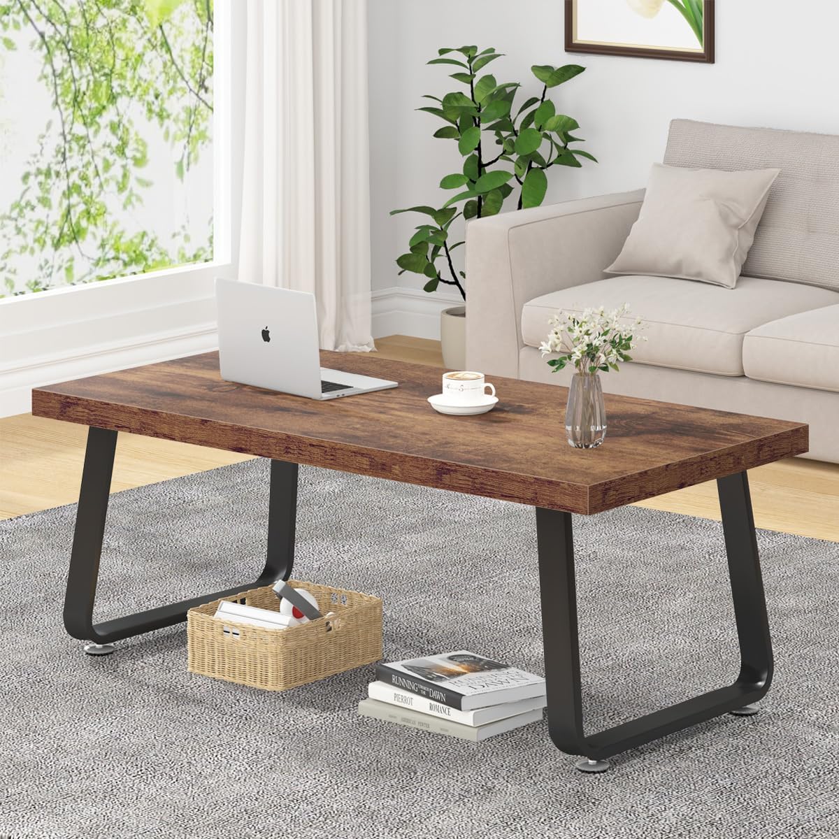 HSH Wooden Coffee Table, Industrial Rectangle Center Table, Modern Minimalist Coffee Table for Living Room, Farmhouse Wood and Metal Cocktail Tea Table for Bedroom Home Office, Rustic Brown, 47 in