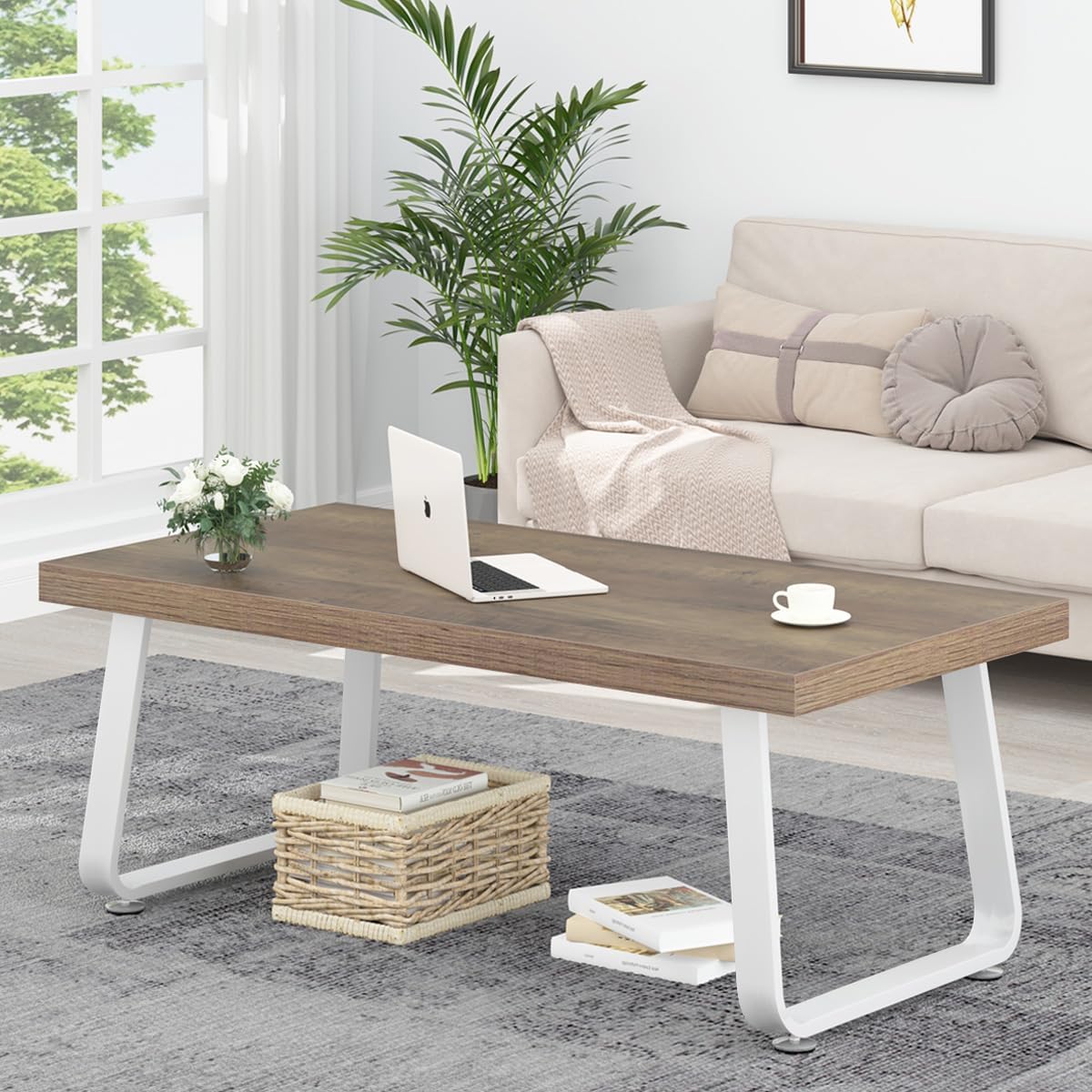 HSH Farmhouse Coffee Table, Industrial Wood and Metal Living Room Table, Minimalist Rectangle Wooden Center Table, Modern Simple Cocktail Tea Table for Bedroom Office, White and Rustic Oak, 47 in