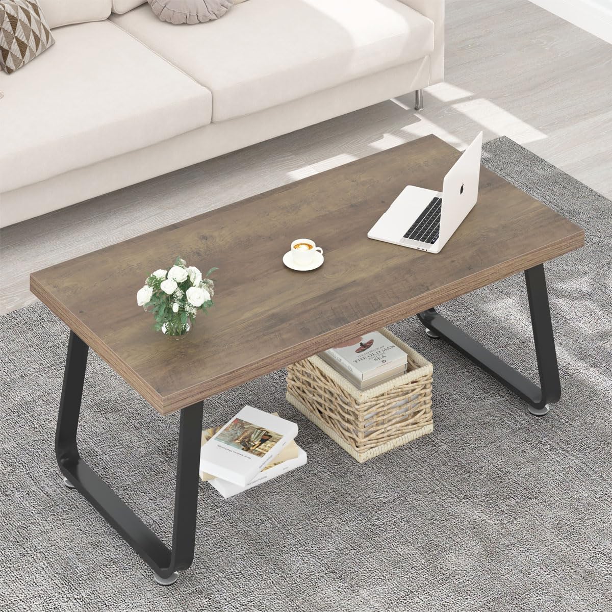 HSH Wood Coffee Table, Farmhouse Minimalist Center Table, Industrial Wooden and Metal Legs Living Room Table, Modern Simple Rectangular Cocktail Tea Table for Bedroom Home Office, Rustic Oak, 47 Inch