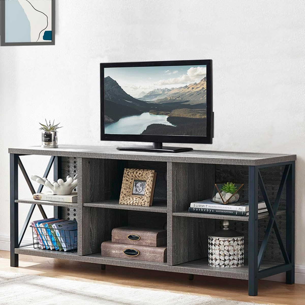 LVB TV Stand for 75 Inch TV, Long Modern Rustic Wood Entertainment Center, Large Industrial Metal Media Television Stands with Console Table Cabinet Storage for Living Bedroom, Light Gray Oak, 63 Inch