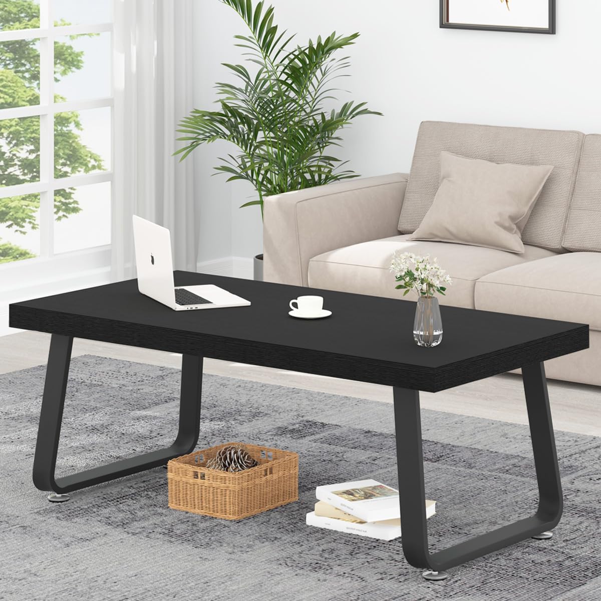 HSH Black Coffee Table, Industrial Wood and Metal Legs Center Table, Modern Minimalist Rectangle Cocktail Table for Living Room, Farmhouse Wooden Tea Table for Bedroom Home Office, Black Oak, 47 Inch