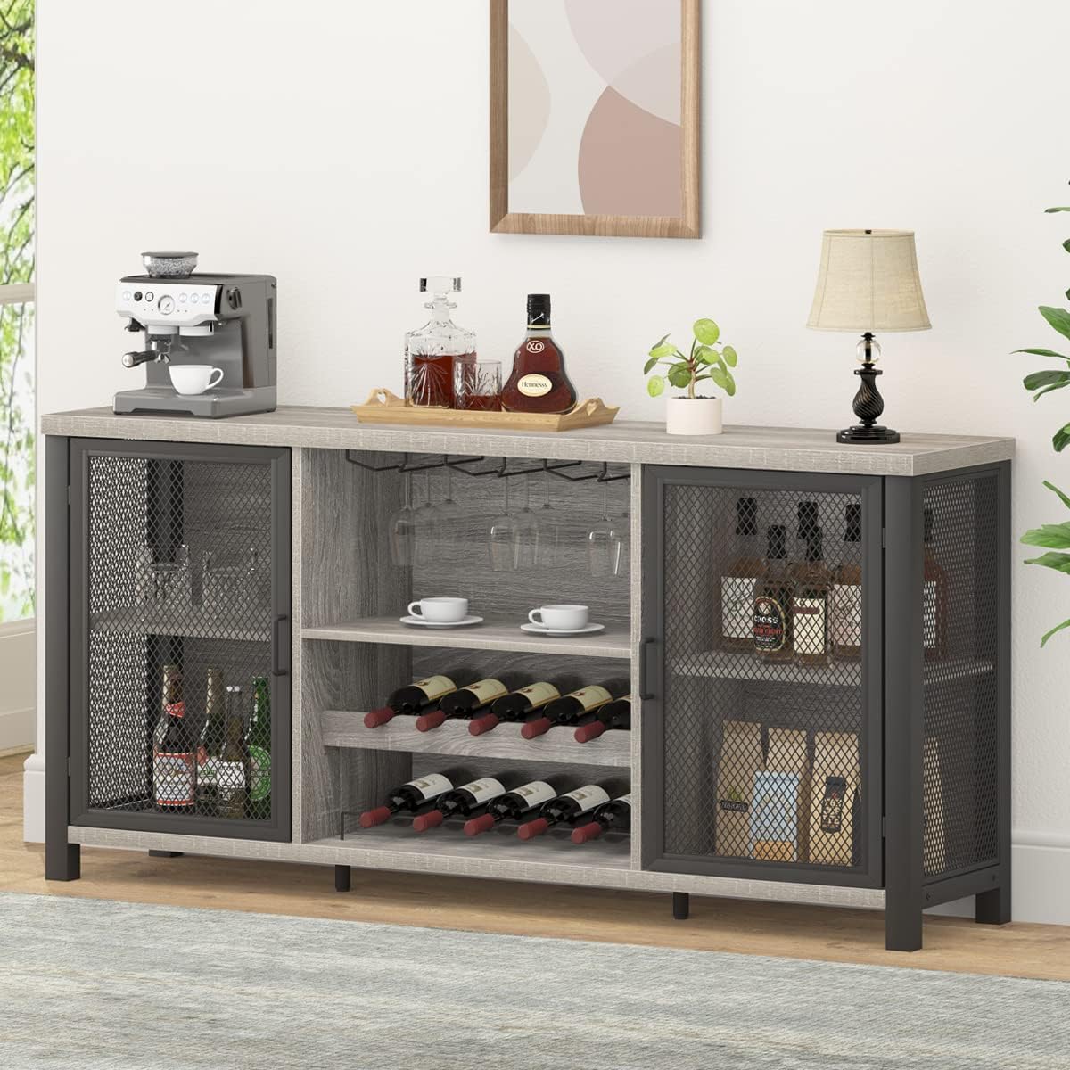 Launica Industrial Coffee Bar Cabinet, Sideboard Buffet Cabinet for Liquor and Glasses, Rustic Wine Bar Cabinet with Storage Rack, Console Liquor Bar for Home Kitchen Dining Room, Light Gray Oak 55 In