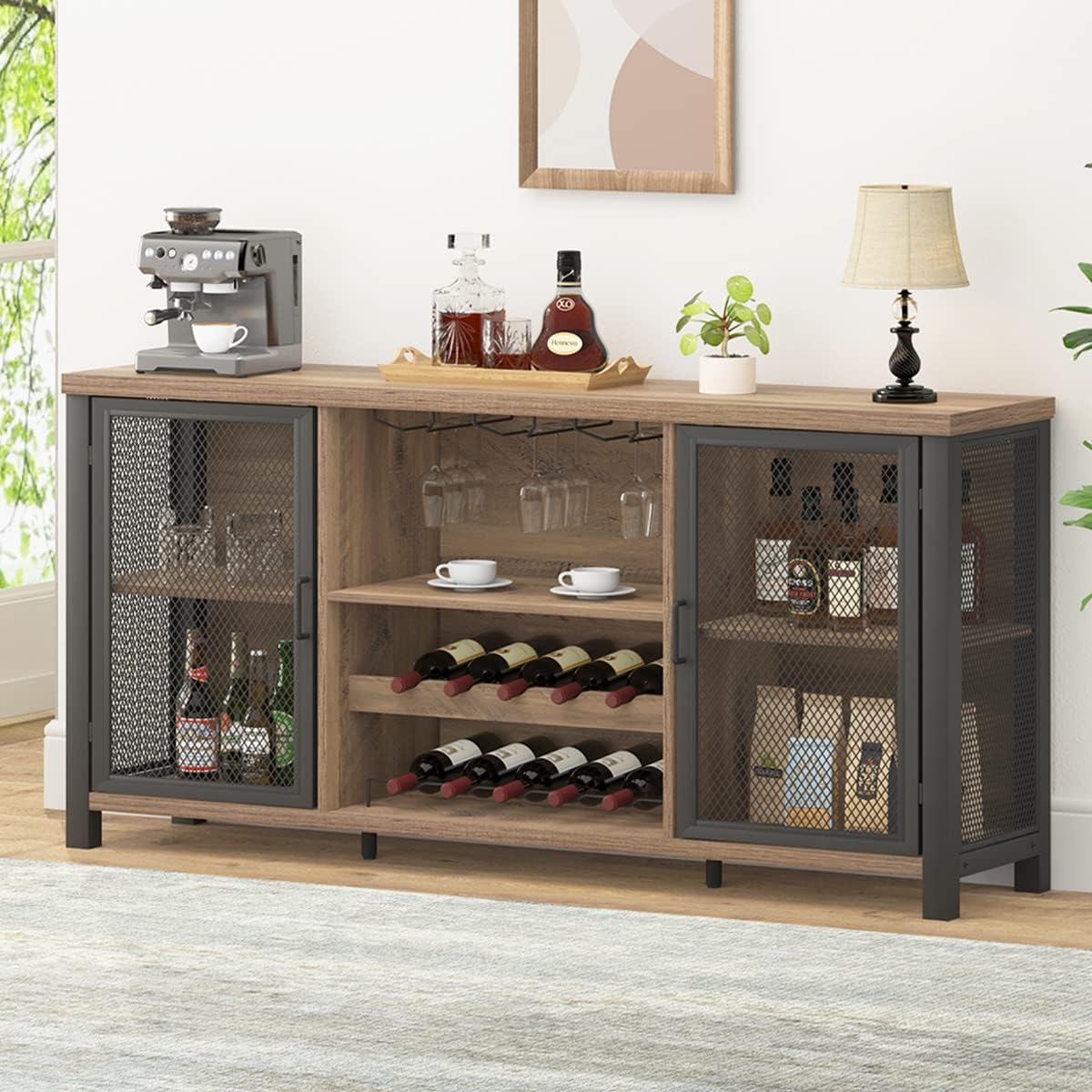 Launica Wine Bar Cabinet, Industrial Coffee Bar Cabinet Farmhouse for Liquor and Glasses, Sideboard Buffet Cabinet with Storage Rack for Home Kitchen Dining Room, Rustic Oak, 55 In