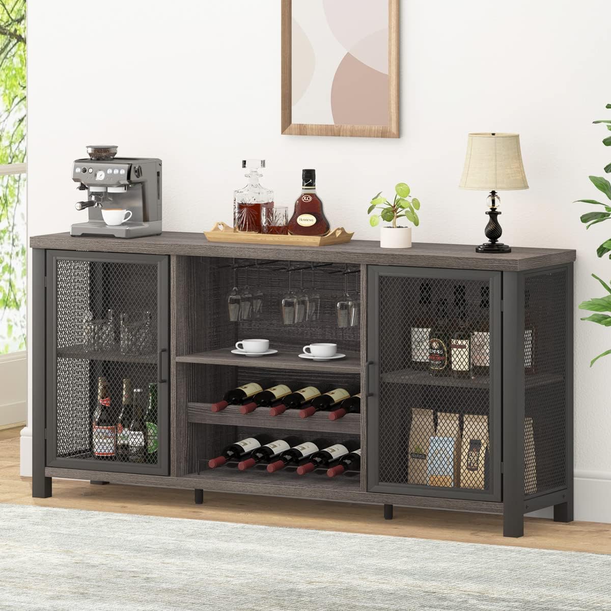 Launica Liquor Bar Cabinet, Industrial Wine Bar Cabinet, Rustic Sideboard Buffet Cabinet for Liquor, Glasses & Coffee Bar with Storage Rack for Home Kitchen Dining Room, Dark Grey Oak, 55 In