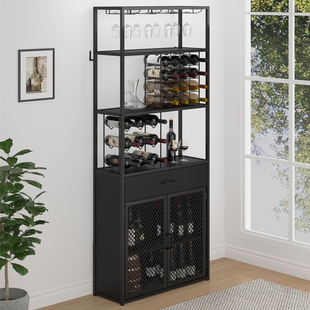 HSH Tall Bar Cabinet, Black Liquor Cabinet with Drawer, Large Modern Wine Cabinet with Storage Shelf and Wine Rack, Industrial Wood Coffee Bar Cabinet for Home Kitchen Living Room, Black Oak, 77 in