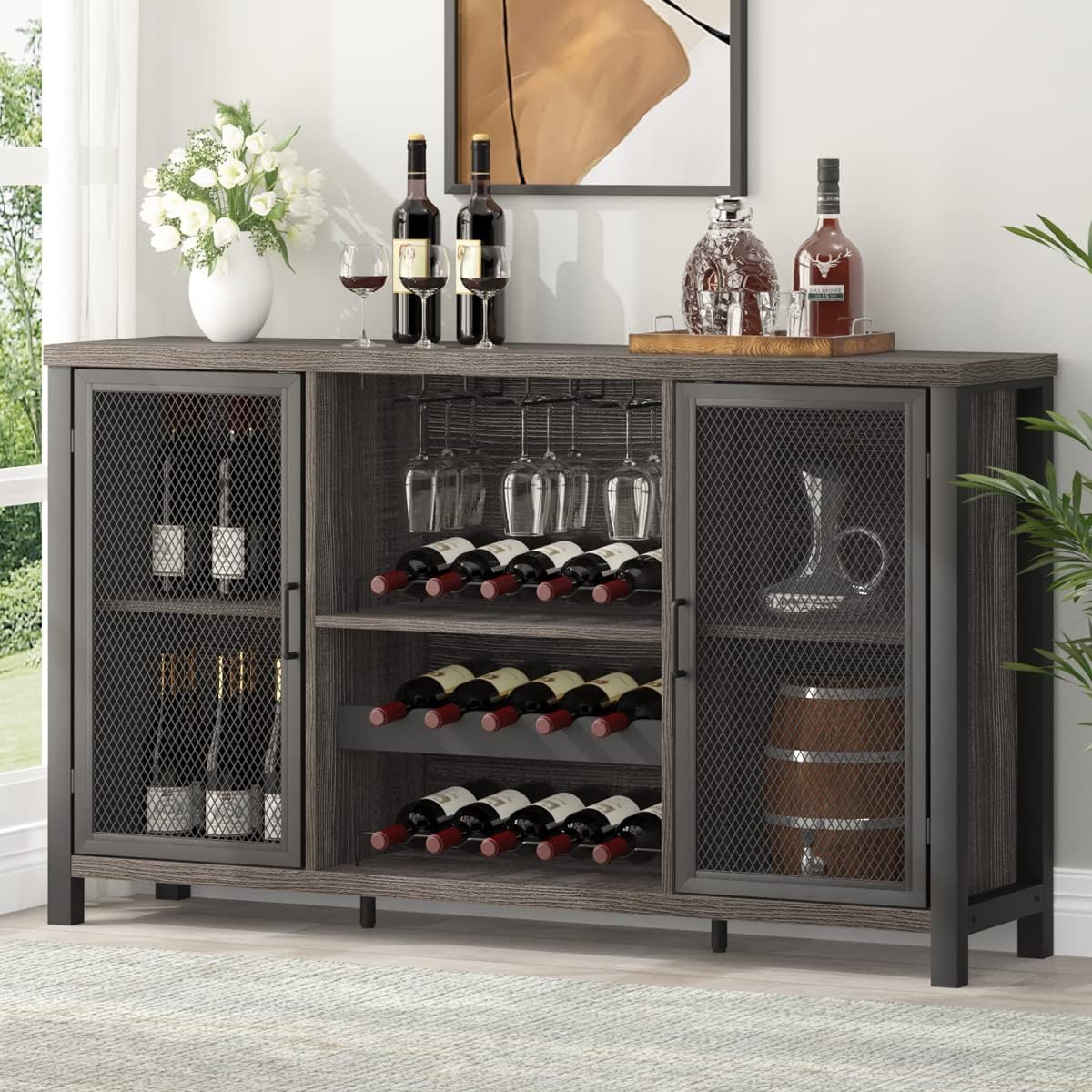 IBF Industrial Wine Bar Cabinet, Rustic Coffee Cabinet for Liquor and Glasses, Farmhouse Home Dining, Kitchen Sideboard Buffet with Rack Storage, Dark Oak, 55 Inch