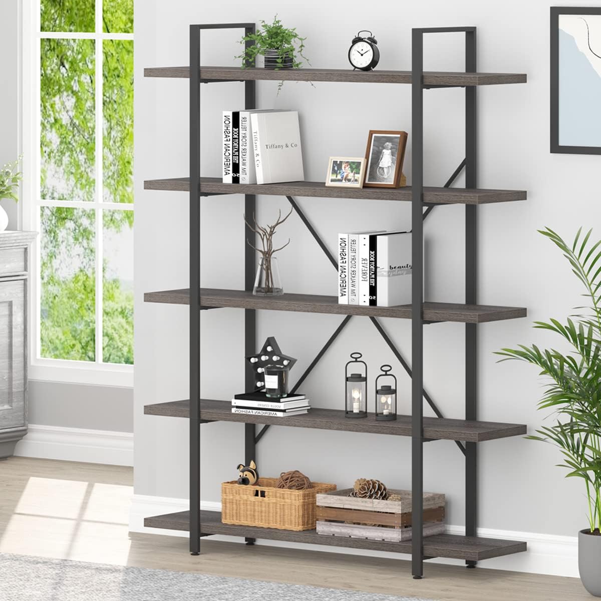 HSH 5 Shelf Bookcases and Book Shelves,Industrial Modern 5 Tier Tall Bookshelf, Rustic Wood and Metal Large Book Shelf for Bedroom Living Room,Vintage Open Wide Vertical Etagere Book Case, Dark Gray