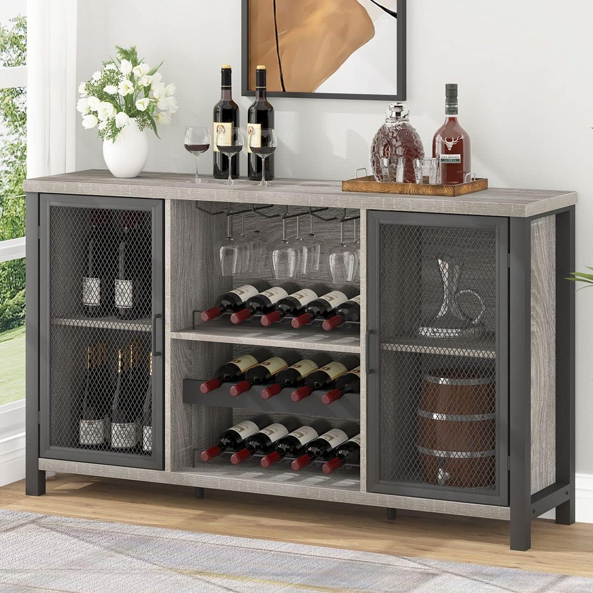 IBF Rustic Liquor Bar Cabinet, Industrial Coffee Wine Cabinet for Liquor and Glasses, Farmhouse Bar for Home Kitchen Living Dining, Sideboard Buffet Cabinet with Bar Rack Storage, Light Gray Oak 55 In