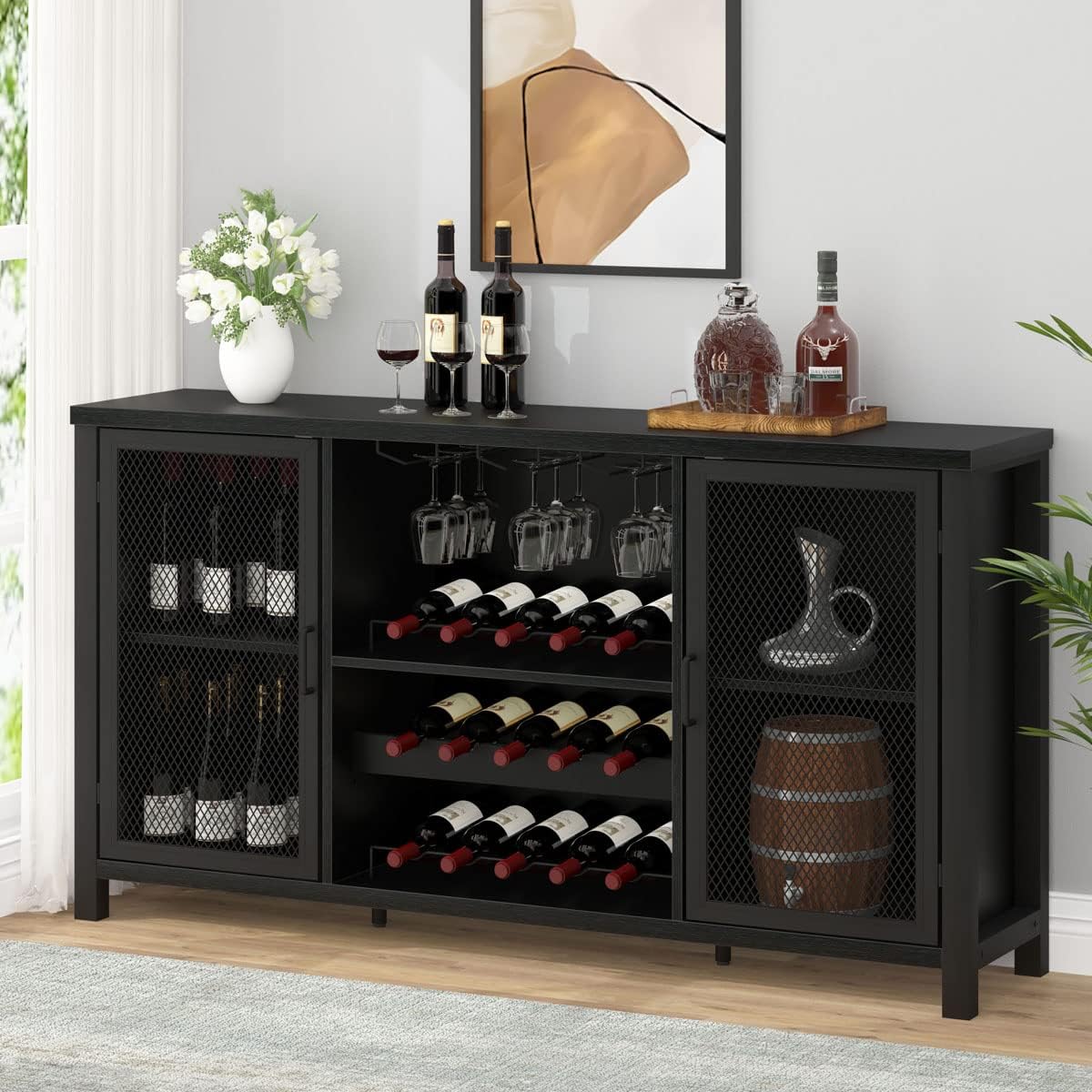 IBF Black Coffee Bar Cabinet, Liquor Cabinet with Wine Rack Storage, Industrial Kitchen Buffet Cabinet for Liquor and Coffee, Farmhouse Wine Cabinet for Home Living Dining Room, Black Oak, 55 Inch