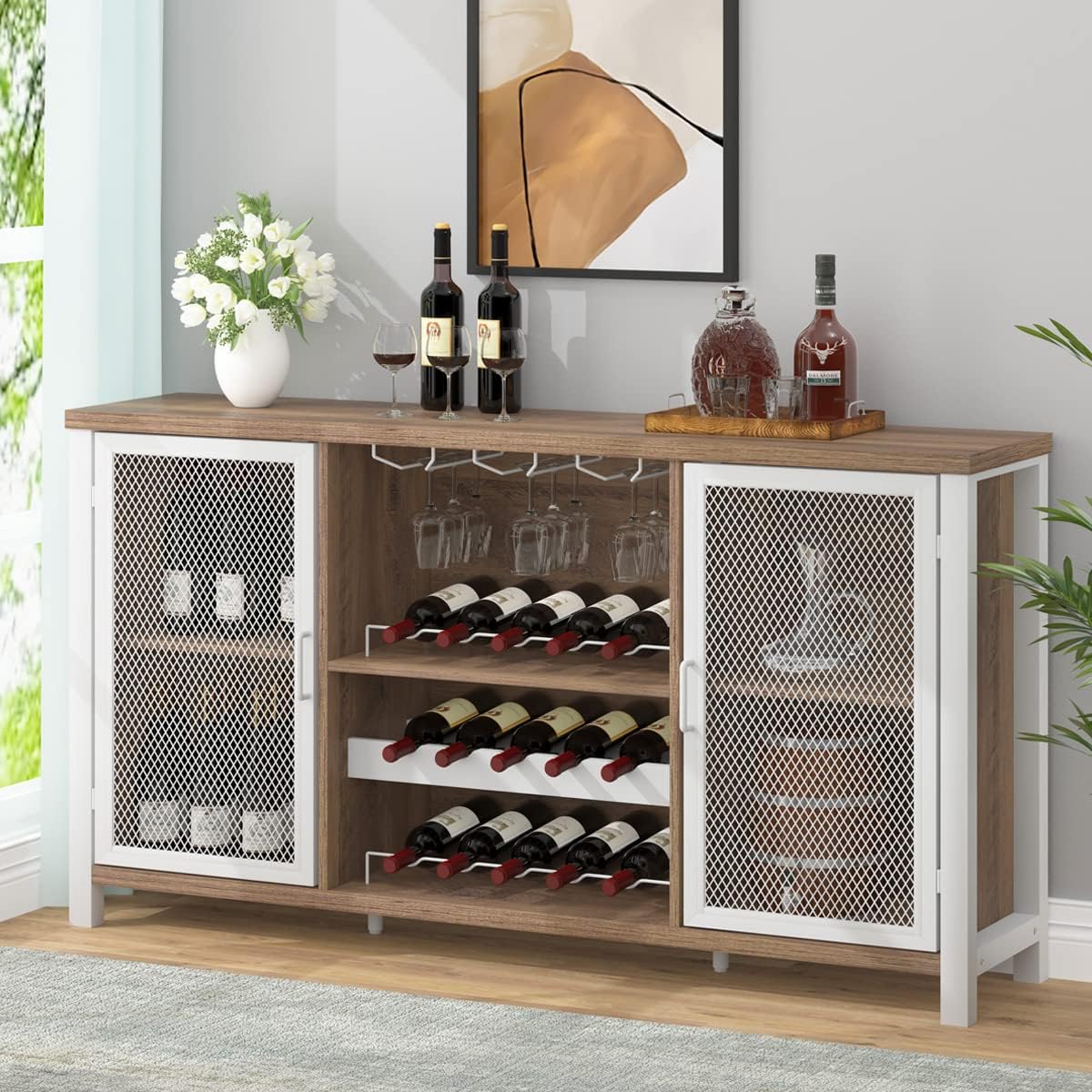 IBF Wine Bar Cabinet, Farmhouse Liquor Cabinet for Liquor and Glasses, Sideboard Buffet Wine Cabinet with Storage Rack, Wooden Coffee Bar Stand for Home Kitchen Dining Room, White Rustic Oak, 55 Inch