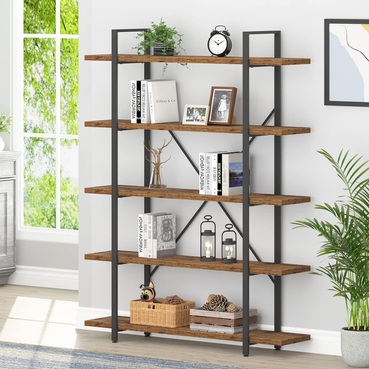 HSH Rustic Bookcases and Book Shelves 5 Shelf, Metal Wood 5 Tier Bookshelf and Storage Book Rack, Vintage Large Book Shelf for Bedroom Living Room Office,Open Vertical Display Etagere Book Case, Brown