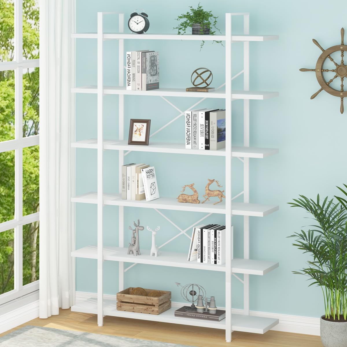 HSH 6 Tier Tall White Bookshelf, Industrial Modern Vertical Metal and Wood White Bookcases 6 Shelf,Farmhouse Open Large Storage Book Shelves & Display Book Shelf for Bedroom Living Room Office