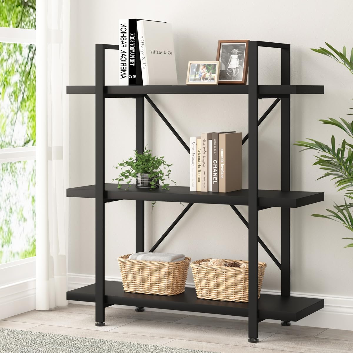 HSH 3 Tier Black Bookshelf, Industrial Small Metal Wooden Storage Book Shelves, Modern Open Low 3 Shelf Bookcase and Display Etagere, Vertical Book Shelf for Bedroom Living Room Office, Black Oak