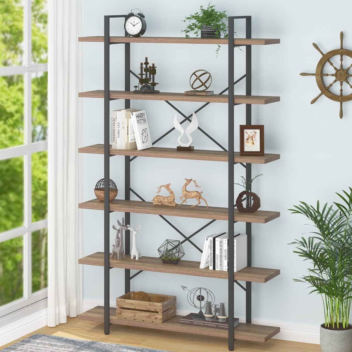 HSH Tall Bookcases and Book Shelves 6 Shelf, Metal Wooden Book Shelf and Storage Rack, Modern Etagere 6 Tier Bookshelf, Farmhouse Large Display Bookshelves for Bedroom Living Room Office, Rustic Oak